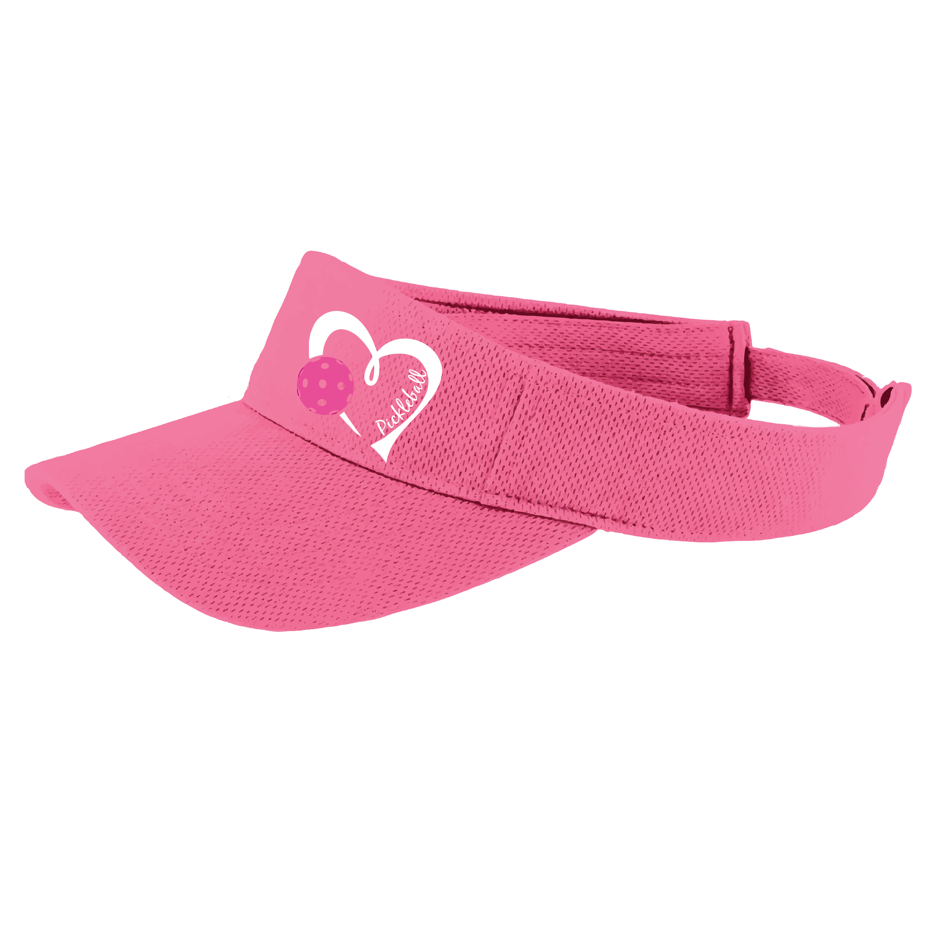 Pickleball Visor Design: Pickleball Love Heart and Ball - Design is White with Pink Ball  This fun pickleball visor is the perfect accessory for all pickleball players needing to keep their focus on the game and not the sun. The moisture-wicking material is made of 100% polyester with closed-hole flat back mesh and PosiCharge Technology. The back closure is a hook and loop style made to adjust to every adult.