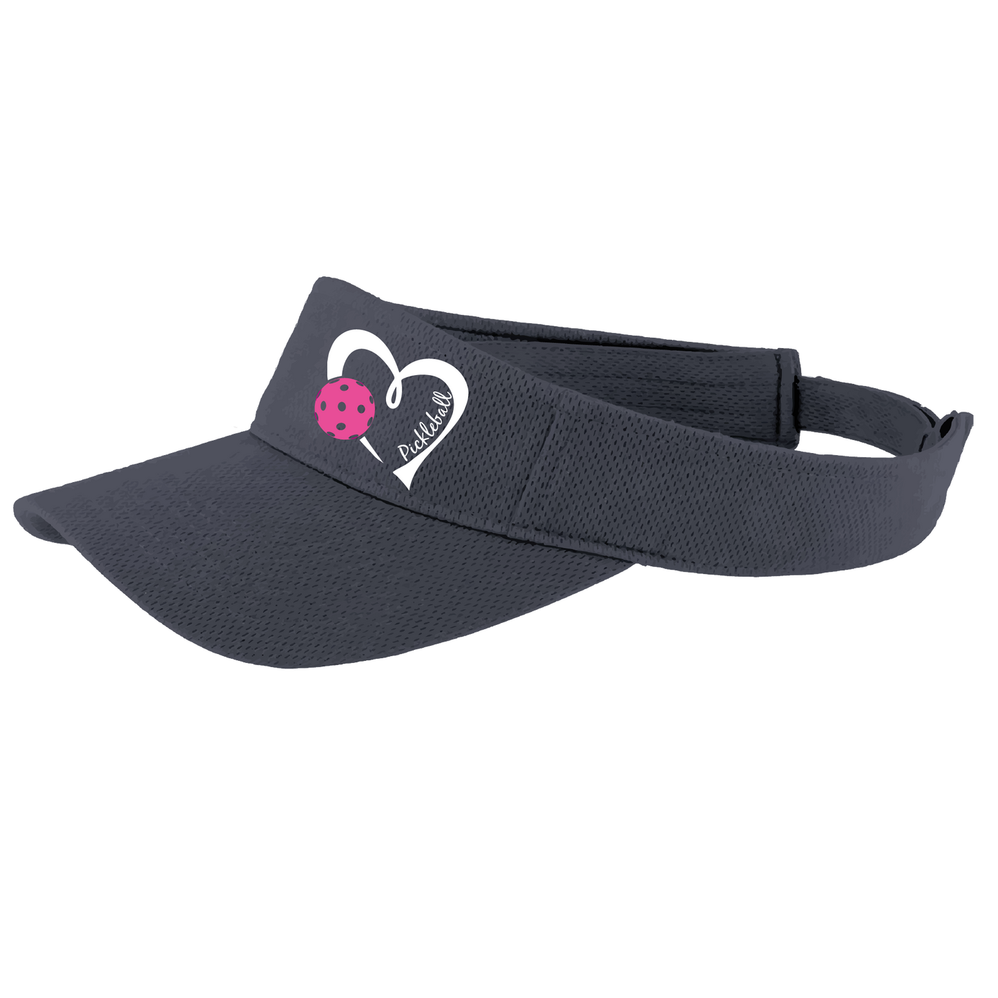 Pickleball Visor Design: Pickleball Love Heart and Ball - Design is White with Pink Ball  This fun pickleball visor is the perfect accessory for all pickleball players needing to keep their focus on the game and not the sun. The moisture-wicking material is made of 100% polyester with closed-hole flat back mesh and PosiCharge Technology. The back closure is a hook and loop style made to adjust to every adult.