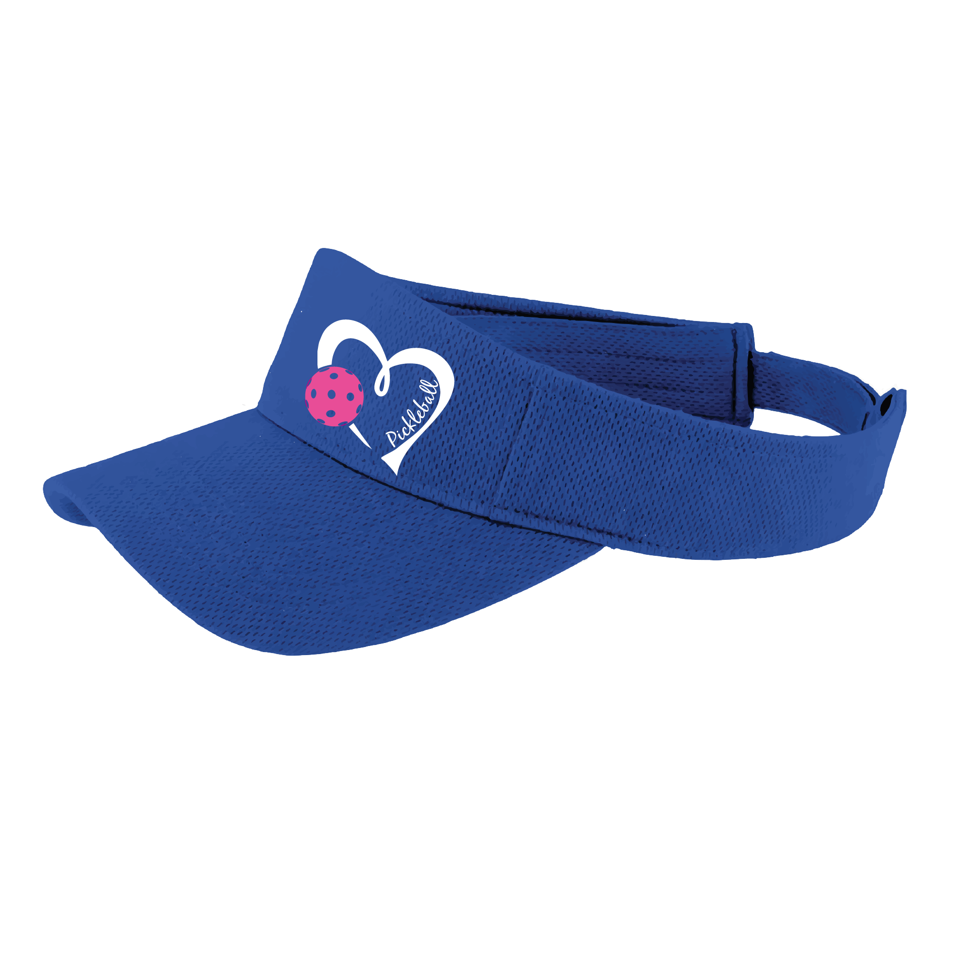 Pickleball Visor Design: Pickleball Love Heart and Ball - Design is White with Pink Ball  This fun pickleball visor is the perfect accessory for all pickleball players needing to keep their focus on the game and not the sun. The moisture-wicking material is made of 100% polyester with closed-hole flat back mesh and PosiCharge Technology. The back closure is a hook and loop style made to adjust to every adult.