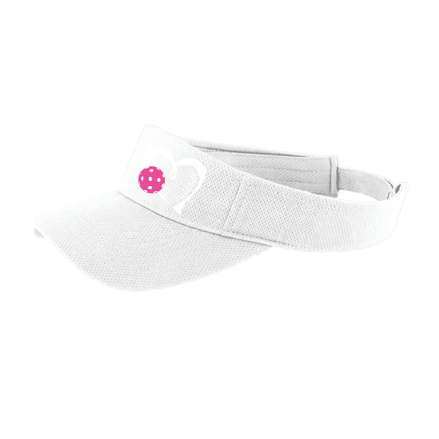 Pickleball Visor Design: Pickleball Love Heart and Ball - Design is White with Pink Ball  This fun pickleball visor is the perfect accessory for all pickleball players needing to keep their focus on the game and not the sun. The moisture-wicking material is made of 100% polyester with closed-hole flat back mesh and PosiCharge Technology. The back closure is a hook and loop style made to adjust to every adult.