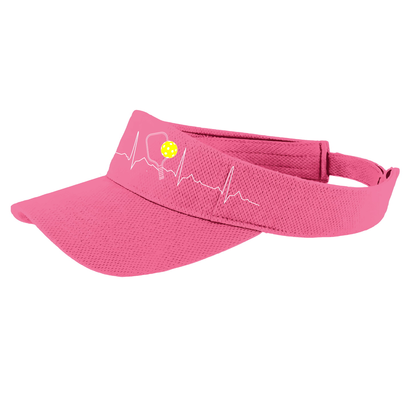 Pickleball Visor Design: Pickleball Heartbeat in White and Yellow Ball  This fun pickleball visor is the perfect accessory for all pickleball players needing to keep their focus on the game and not the sun. The moisture-wicking material is made of 100% polyester with closed-hole flat back mesh and PosiCharge Technology. The back closure is a hook and loop style made to adjust to every adult.