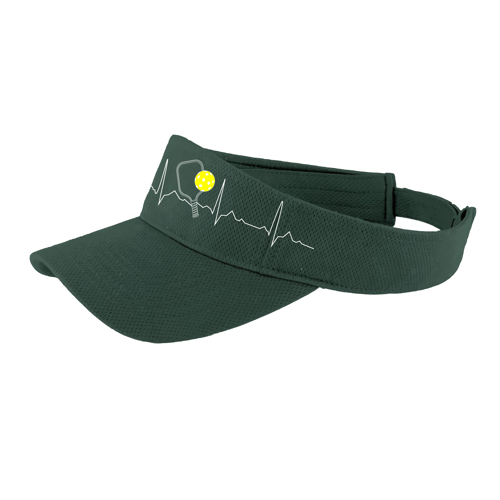 Pickleball Visor Design: Pickleball Heartbeat in White and Yellow Ball  This fun pickleball visor is the perfect accessory for all pickleball players needing to keep their focus on the game and not the sun. The moisture-wicking material is made of 100% polyester with closed-hole flat back mesh and PosiCharge Technology. The back closure is a hook and loop style made to adjust to every adult.
