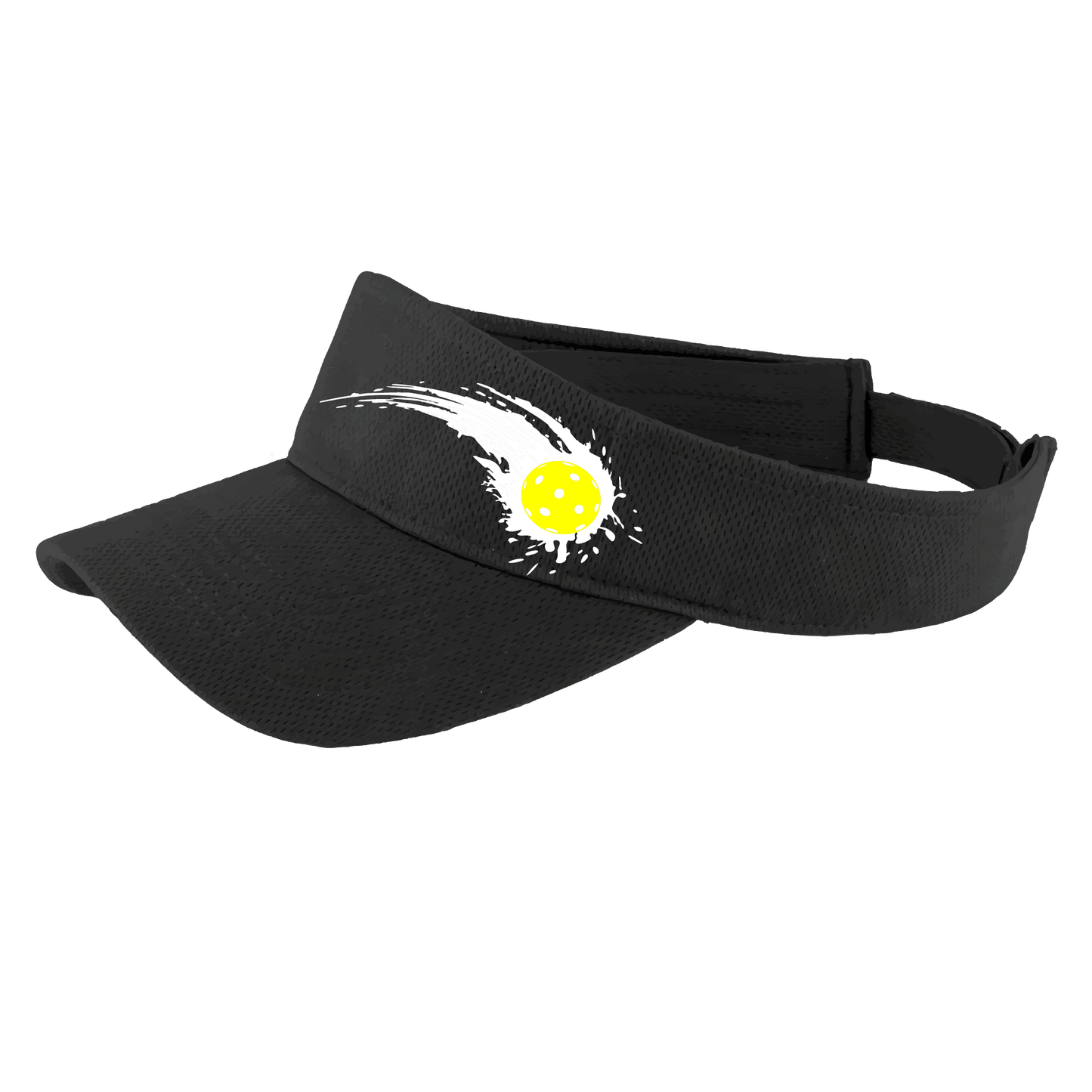 Pickleball Visor Design: Impact  This fun pickleball visor is the perfect accessory for all pickleball players needing to keep their focus on the game and not the sun. The moisture-wicking material is made of 100% polyester with closed-hole flat back mesh and PosiCharge Technology. The back closure is a hook and loop style made to adjust to every adult.