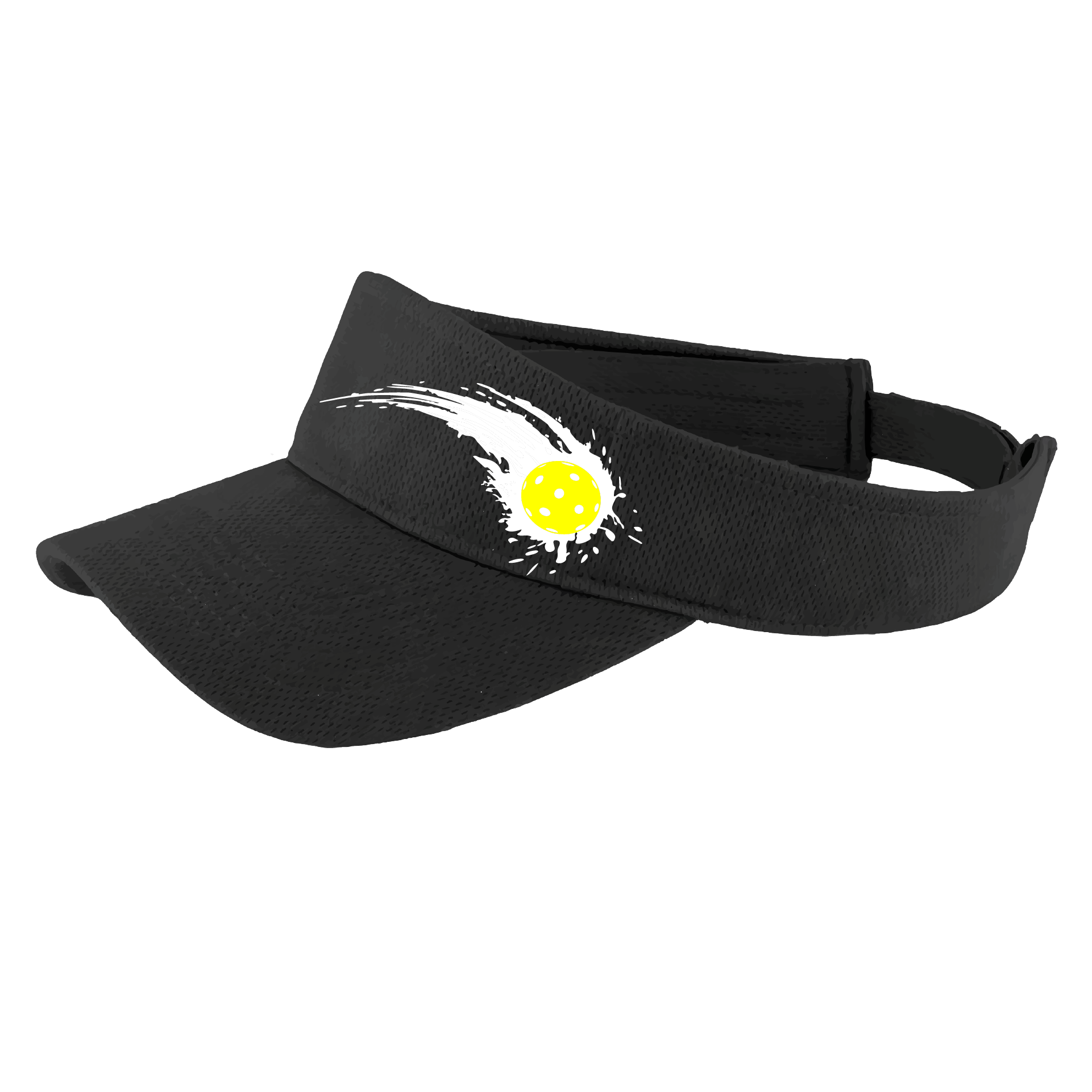 Pickleball Visor Design: Impact  This fun pickleball visor is the perfect accessory for all pickleball players needing to keep their focus on the game and not the sun. The moisture-wicking material is made of 100% polyester with closed-hole flat back mesh and PosiCharge Technology. The back closure is a hook and loop style made to adjust to every adult.