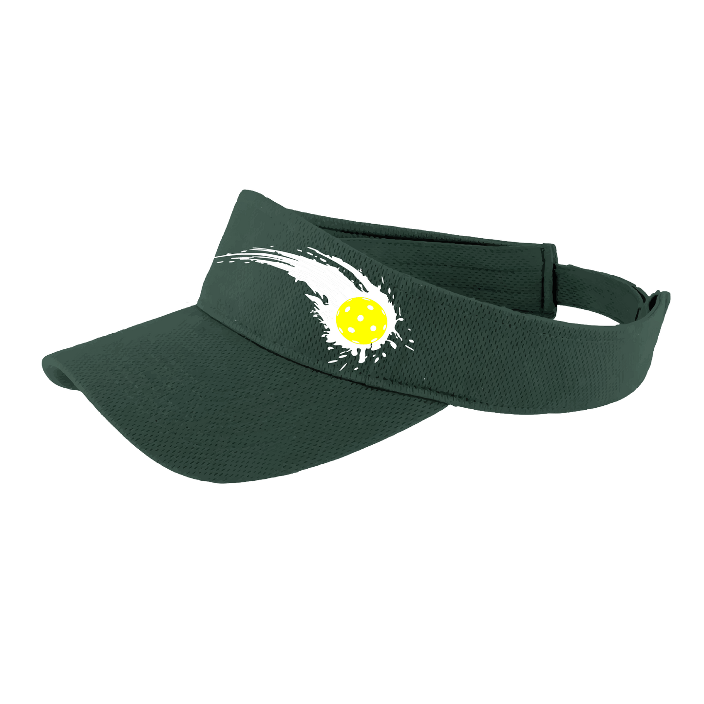 Pickleball Visor Design: Impact  This fun pickleball visor is the perfect accessory for all pickleball players needing to keep their focus on the game and not the sun. The moisture-wicking material is made of 100% polyester with closed-hole flat back mesh and PosiCharge Technology. The back closure is a hook and loop style made to adjust to every adult.