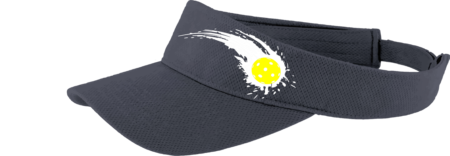 Pickleball Visor Design: Impact  This fun pickleball visor is the perfect accessory for all pickleball players needing to keep their focus on the game and not the sun. The moisture-wicking material is made of 100% polyester with closed-hole flat back mesh and PosiCharge Technology. The back closure is a hook and loop style made to adjust to every adult.