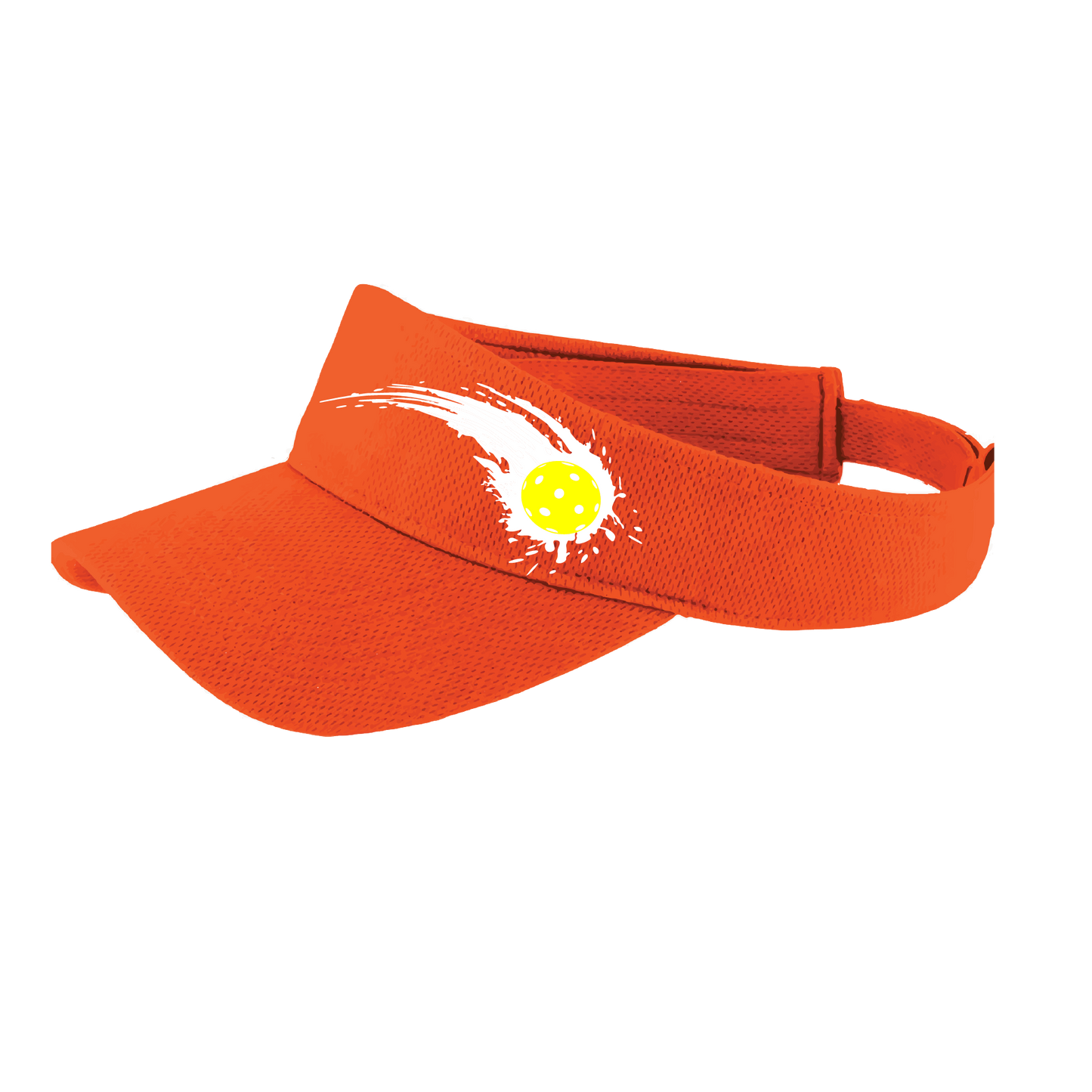 Pickleball Visor Design: Impact  This fun pickleball visor is the perfect accessory for all pickleball players needing to keep their focus on the game and not the sun. The moisture-wicking material is made of 100% polyester with closed-hole flat back mesh and PosiCharge Technology. The back closure is a hook and loop style made to adjust to every adult.