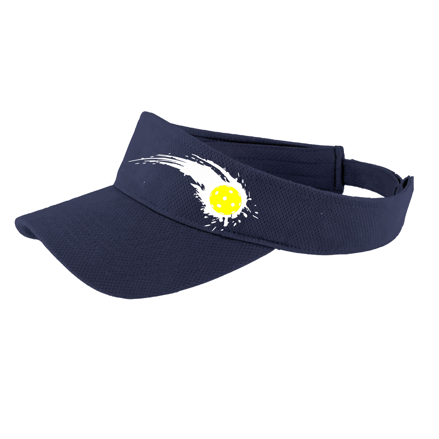 Pickleball Visor Design: Impact  This fun pickleball visor is the perfect accessory for all pickleball players needing to keep their focus on the game and not the sun. The moisture-wicking material is made of 100% polyester with closed-hole flat back mesh and PosiCharge Technology. The back closure is a hook and loop style made to adjust to every adult.