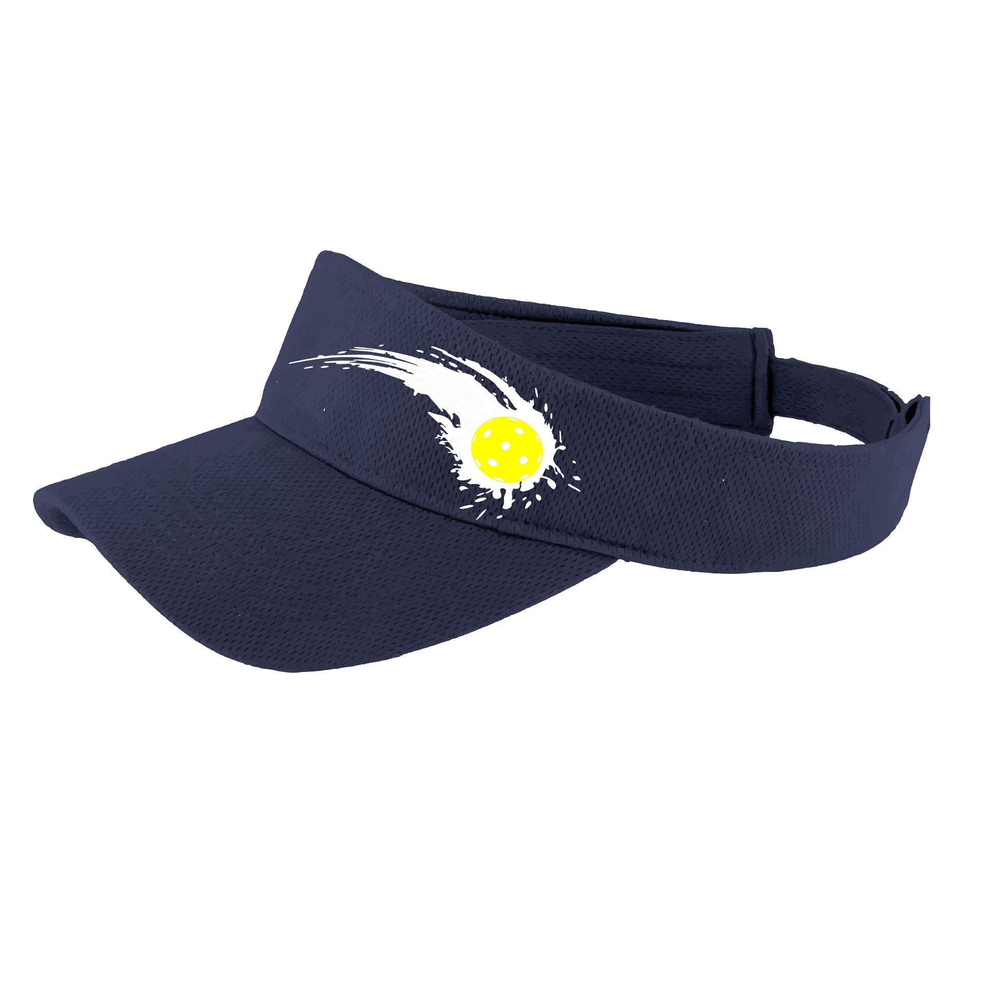 Pickleball Visor Design: Impact  This fun pickleball visor is the perfect accessory for all pickleball players needing to keep their focus on the game and not the sun. The moisture-wicking material is made of 100% polyester with closed-hole flat back mesh and PosiCharge Technology. The back closure is a hook and loop style made to adjust to every adult.