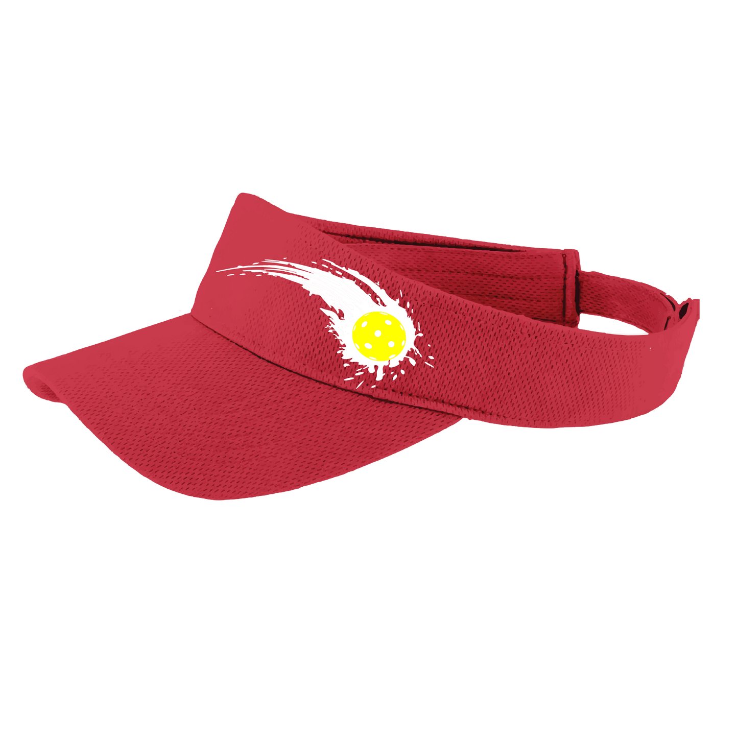 Pickleball Visor Design: Impact  This fun pickleball visor is the perfect accessory for all pickleball players needing to keep their focus on the game and not the sun. The moisture-wicking material is made of 100% polyester with closed-hole flat back mesh and PosiCharge Technology. The back closure is a hook and loop style made to adjust to every adult.