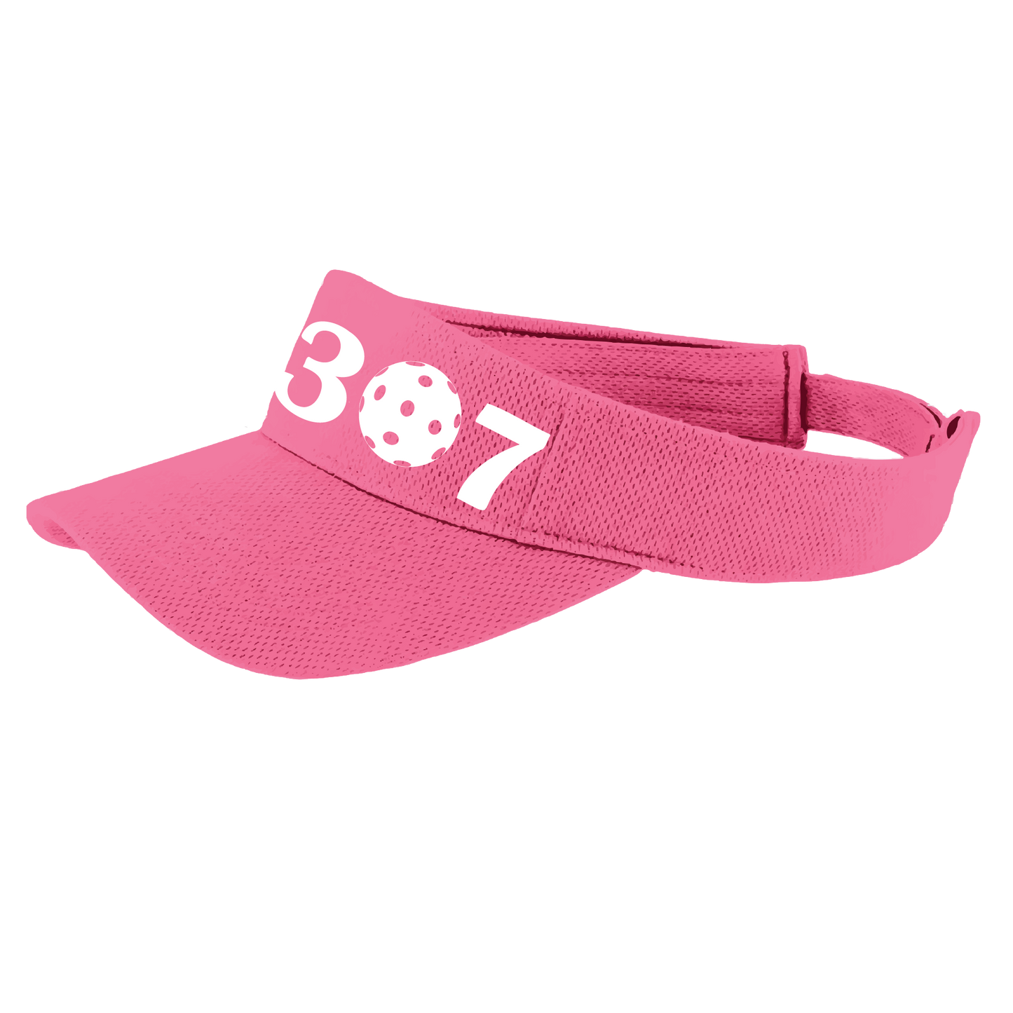Design: 307 Wyoming Pickleball Club  This fun pickleball visor is the perfect accessory for all pickleball players needing to keep their focus on the game and not the sun. The moisture-wicking material is made of 100% polyester with closed-hole flat back mesh and PosiCharge Technology. The back closure is a hook and loop style made to adjust to every adult.