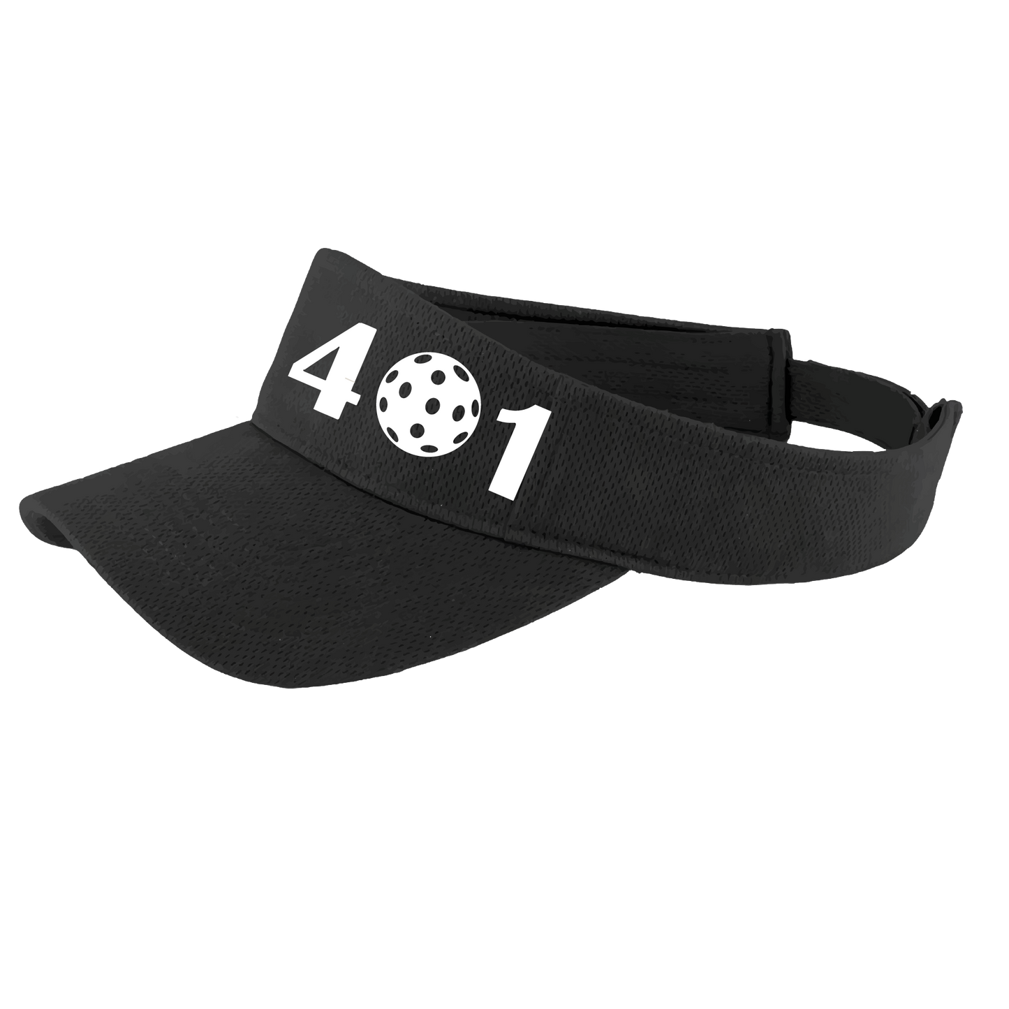 Design: 401 Rhode Island Pickleball Club  This fun pickleball visor is the perfect accessory for all pickleball players needing to keep their focus on the game and not the sun. The moisture-wicking material is made of 100% polyester with closed-hole flat back mesh and PosiCharge Technology. The back closure is a hook and loop style made to adjust to every adult.