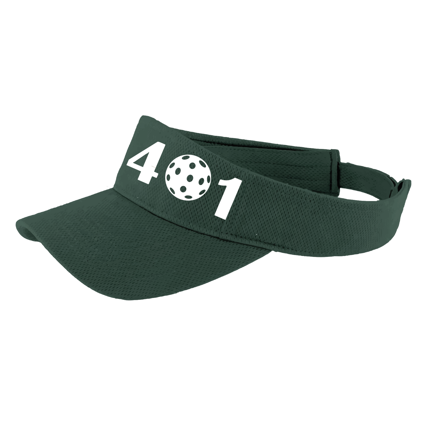 Design: 401 Rhode Island Pickleball Club  This fun pickleball visor is the perfect accessory for all pickleball players needing to keep their focus on the game and not the sun. The moisture-wicking material is made of 100% polyester with closed-hole flat back mesh and PosiCharge Technology. The back closure is a hook and loop style made to adjust to every adult.