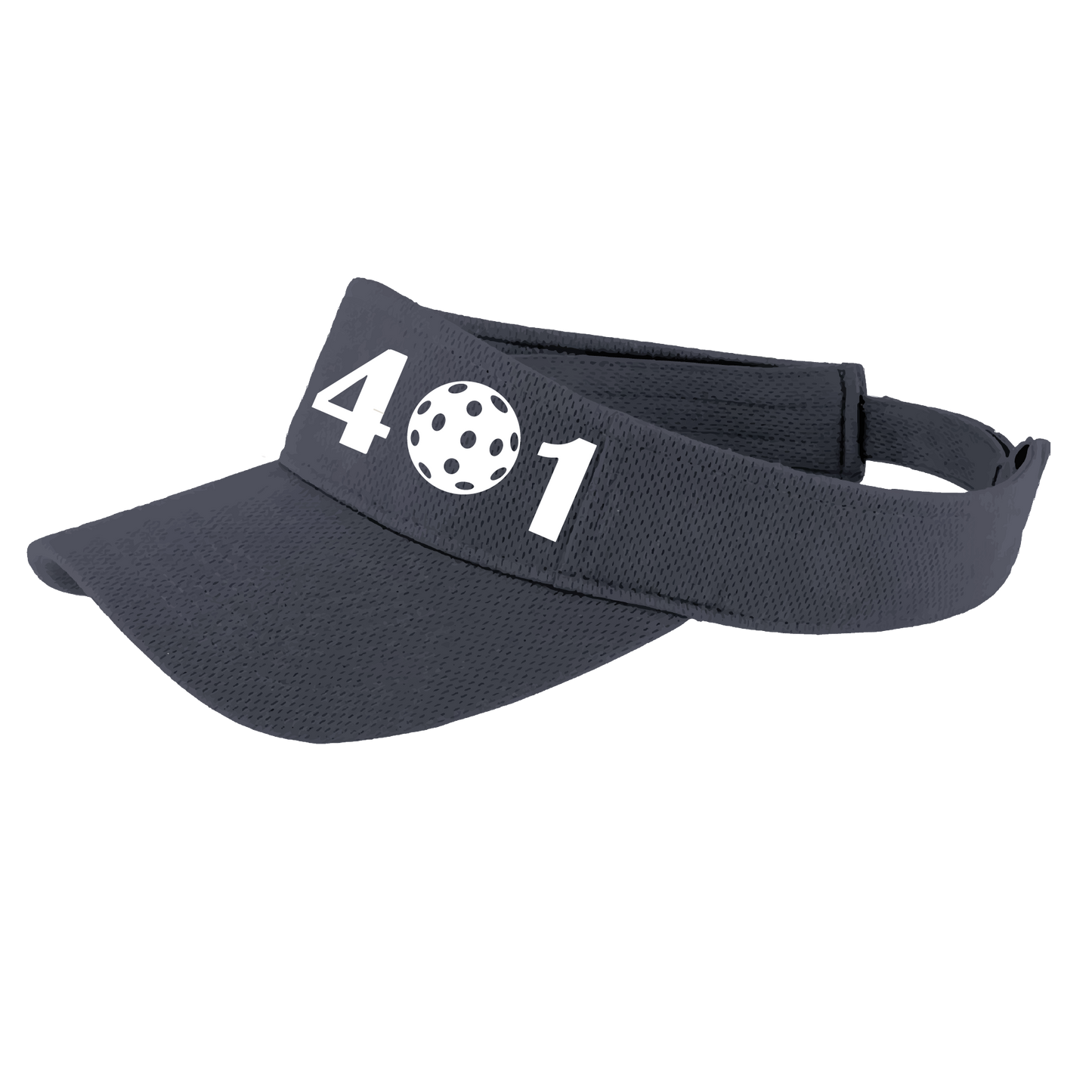 Design: 401 Rhode Island Pickleball Club  This fun pickleball visor is the perfect accessory for all pickleball players needing to keep their focus on the game and not the sun. The moisture-wicking material is made of 100% polyester with closed-hole flat back mesh and PosiCharge Technology. The back closure is a hook and loop style made to adjust to every adult.