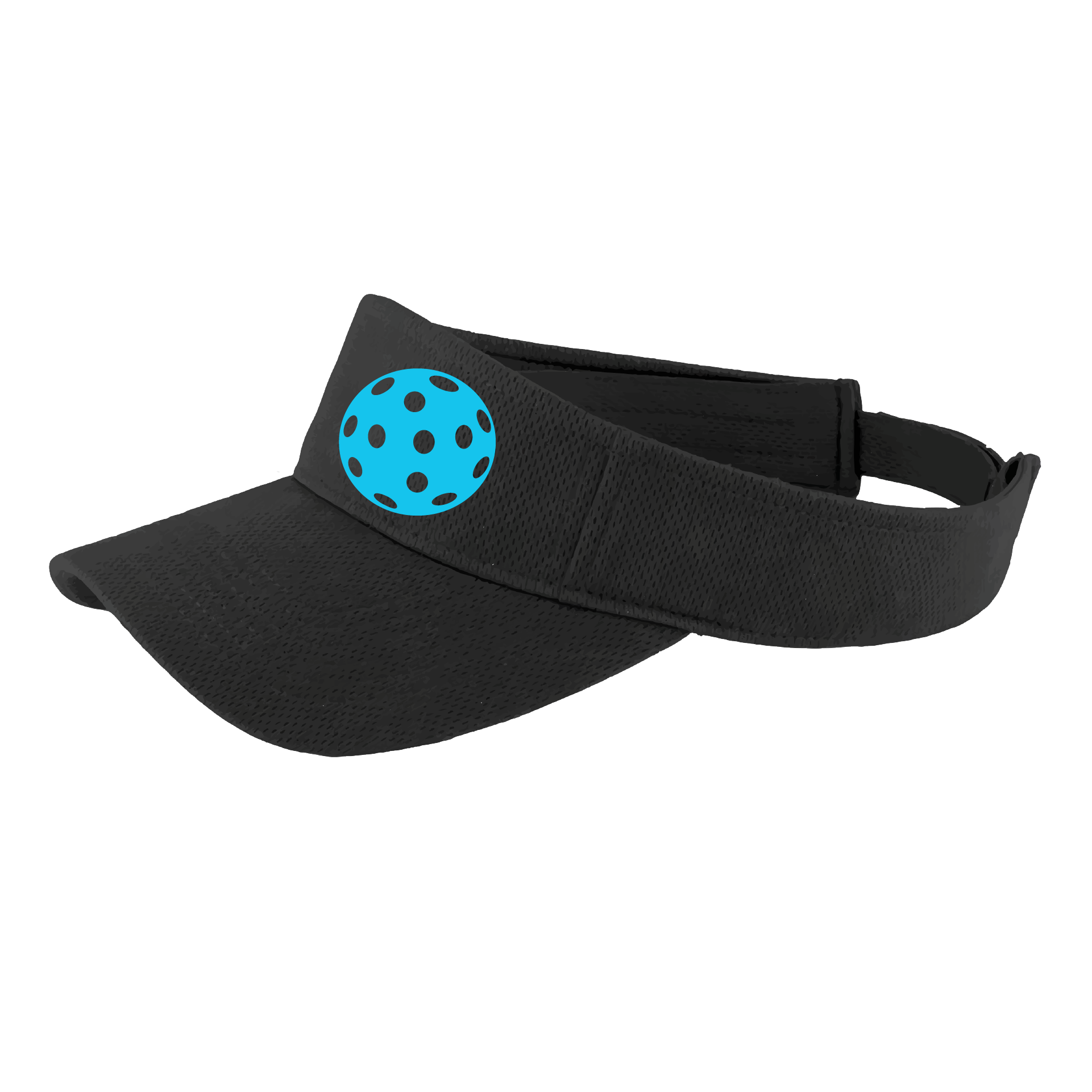 Design: Cyan Pickleball Customizable location  This fun pickleball visor is the perfect accessory for all pickleball players needing to keep their focus on the game and not the sun. The moisture-wicking material is made of 100% polyester with closed-hole flat back mesh and PosiCharge Technology. The back closure is a hook and loop style made to adjust to every adult.