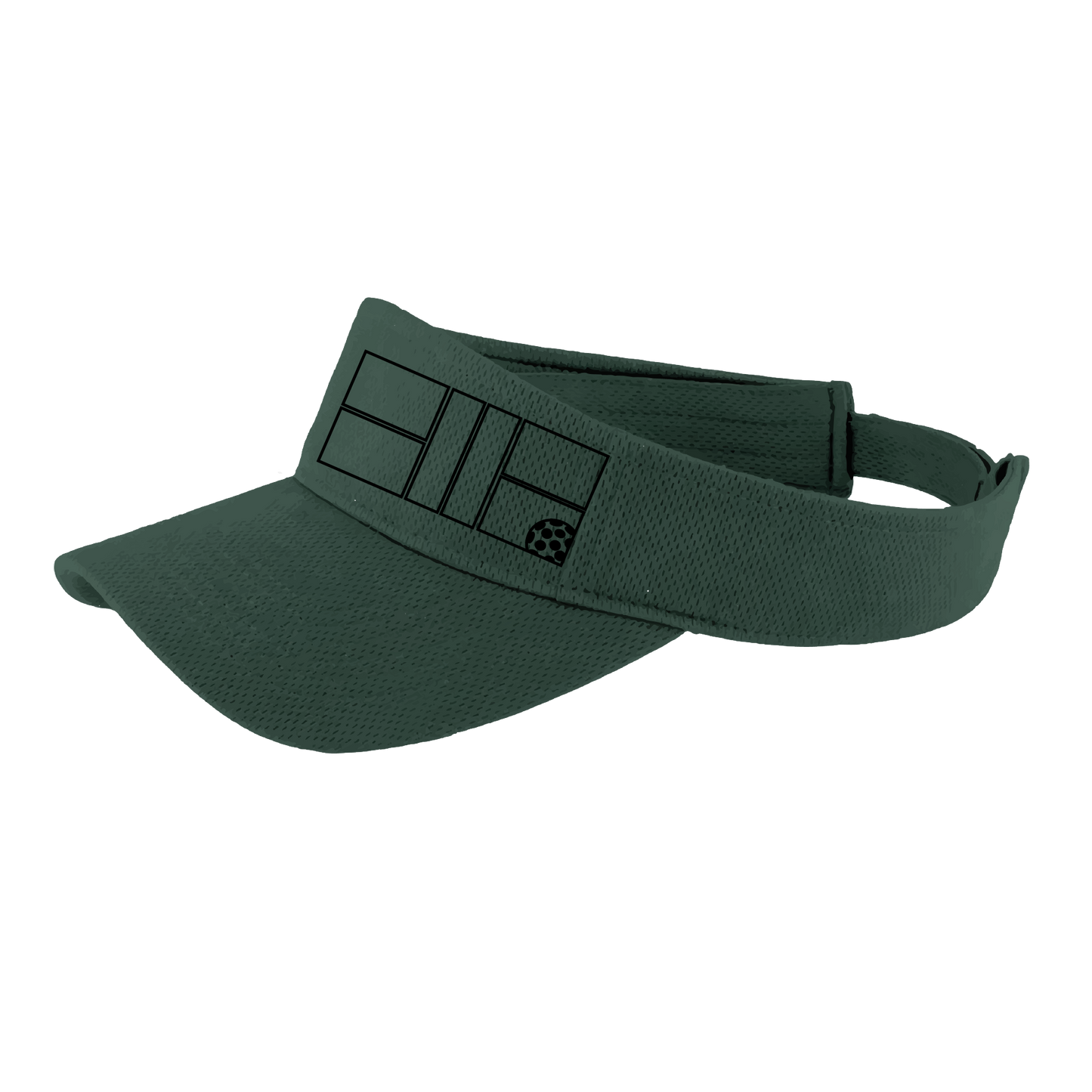 Pickleball Visor Design: Pickleball Court with Pickleball - Black Design  This fun pickleball visor is the perfect accessory for all pickleball players needing to keep their focus on the game and not the sun. The moisture-wicking material is made of 100% polyester with closed-hole flat back mesh and PosiCharge Technology. The back closure is a hock and loop style made to adjust to every adult.