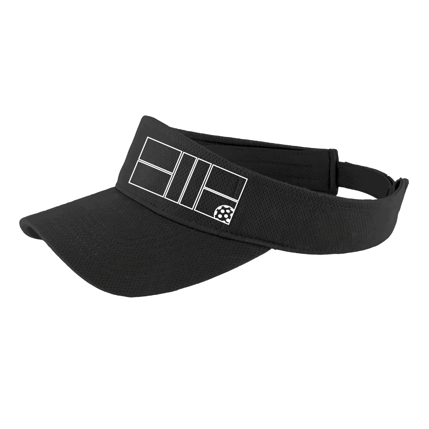 Pickleball Visor Design: Pickleball Court with Corner Ball in White  This fun pickleball visor is the perfect accessory for all pickleball players needing to keep their focus on the game and not the sun. The moisture-wicking material is made of 100% polyester with closed-hole flat back mesh and PosiCharge Technology. The back closure is a hook and loop style made to adjust to every adult.