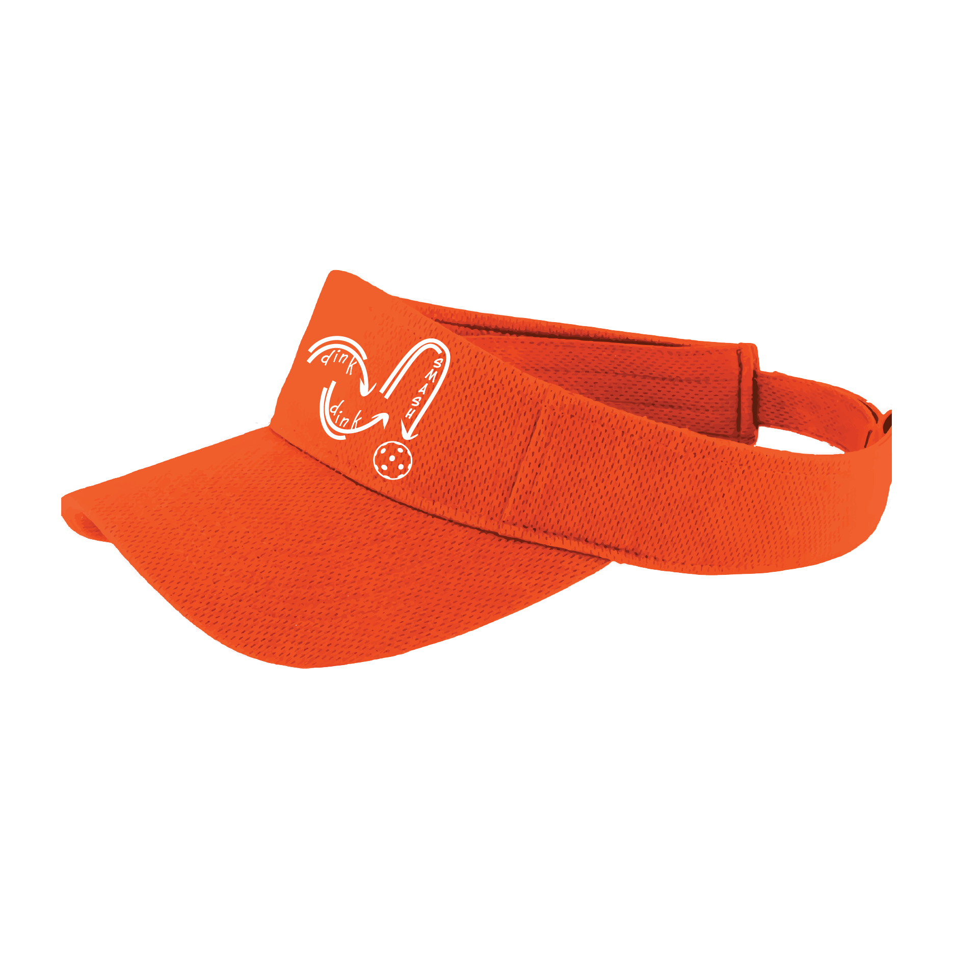 Pickleball Design: Dink Dink Smash in White  This fun pickleball visor is the perfect accessory for all pickleball players needing to keep their focus on the game and not the sun. The moisture-wicking material is made of 100% polyester with closed-hole flat back mesh and PosiCharge Technology. The back closure is a hook and loop style made to adjust to every adult.