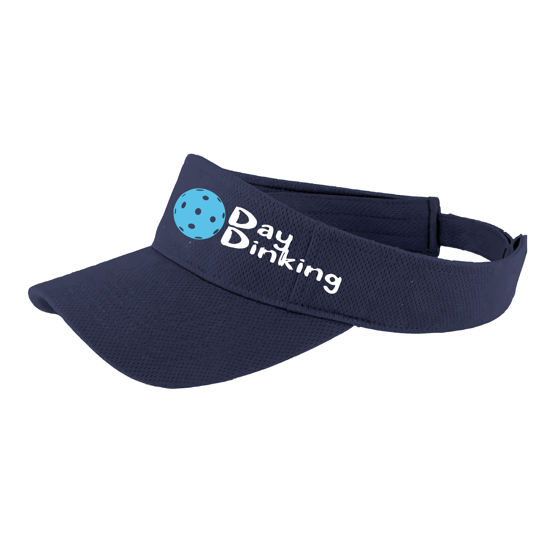 Design: Day Dinking with Customizable Pickleball Color  This fun pickleball visor is the perfect accessory for all pickleball players needing to keep their focus on the game and not the sun. The moisture-wicking material is made of 100% polyester with closed-hole flat back mesh and PosiCharge Technology. The back closure is a hock and loop style made to adjust to every adult