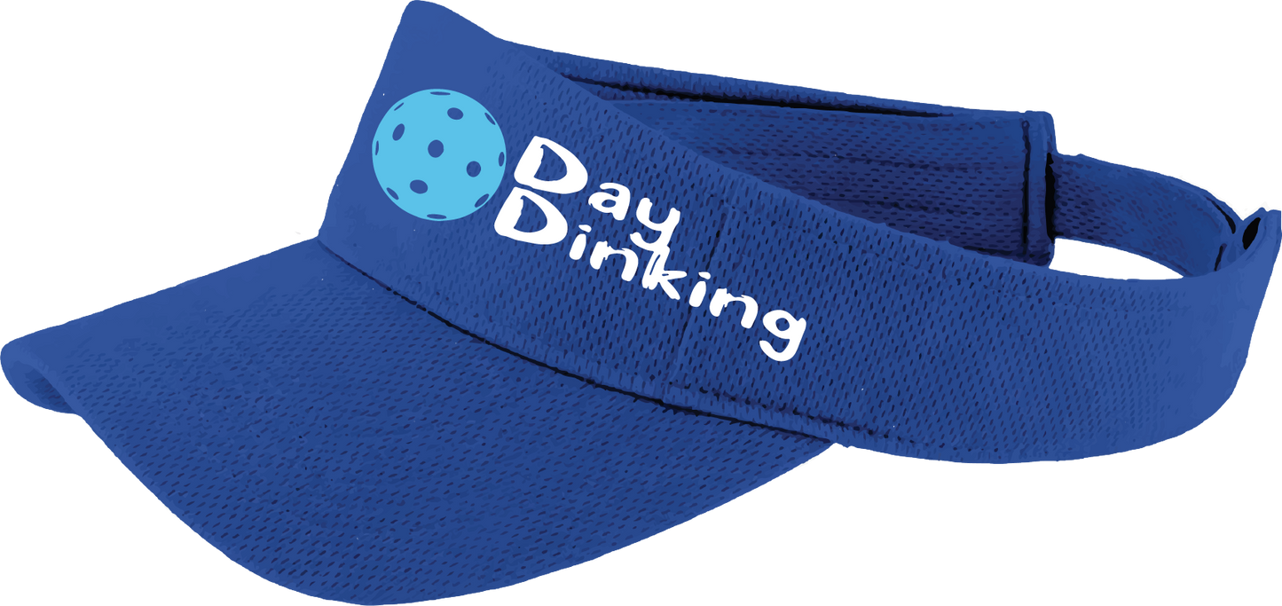 Design: Day Dinking with Customizable Pickleball Color  This fun pickleball visor is the perfect accessory for all pickleball players needing to keep their focus on the game and not the sun. The moisture-wicking material is made of 100% polyester with closed-hole flat back mesh and PosiCharge Technology. The back closure is a hock and loop style made to adjust to every adult