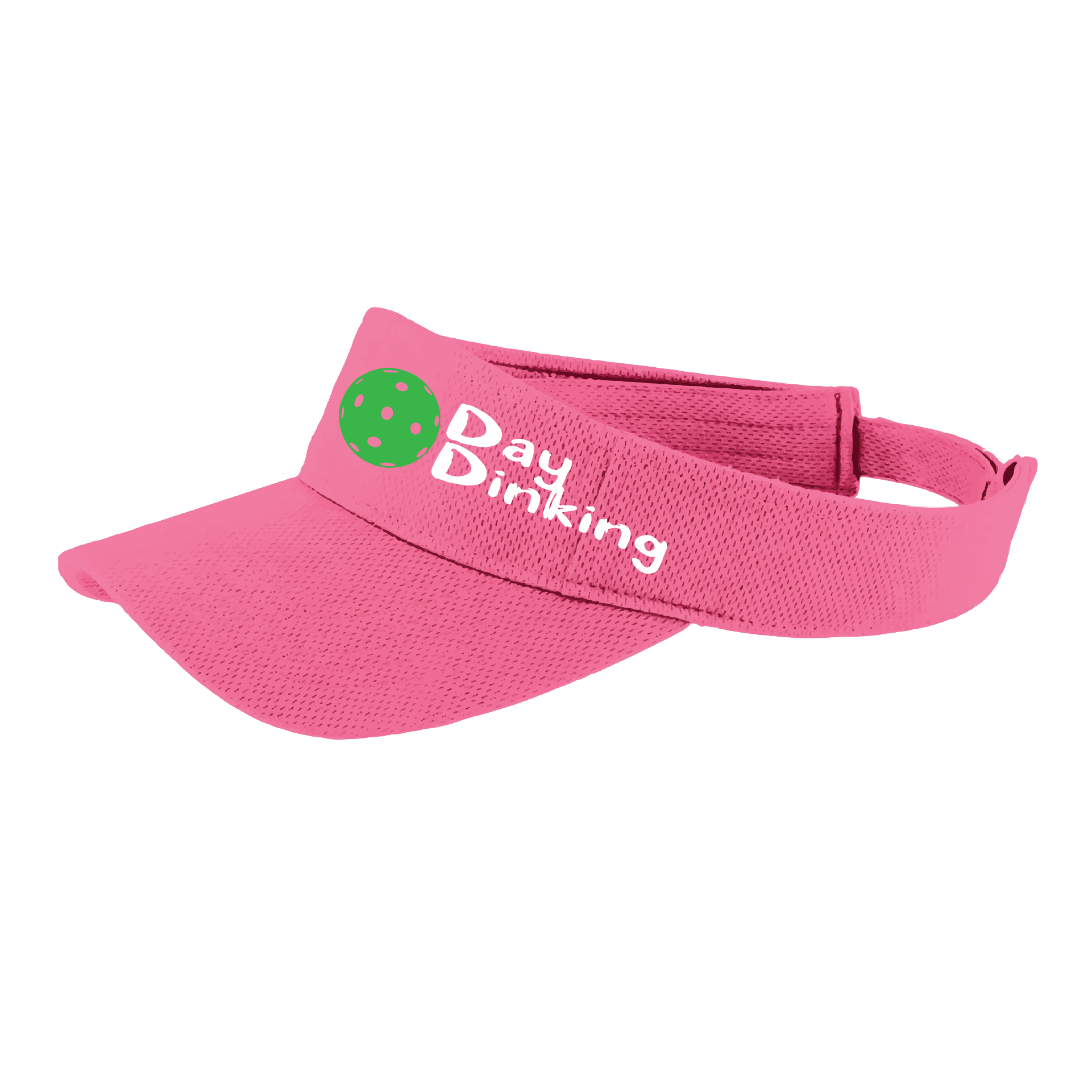 Design: Day Dinking with Customizable Pickleball Color  This fun pickleball visor is the perfect accessory for all pickleball players needing to keep their focus on the game and not the sun. The moisture-wicking material is made of 100% polyester with closed-hole flat back mesh and PosiCharge Technology. The back closure is a hock and loop style made to adjust to every adult