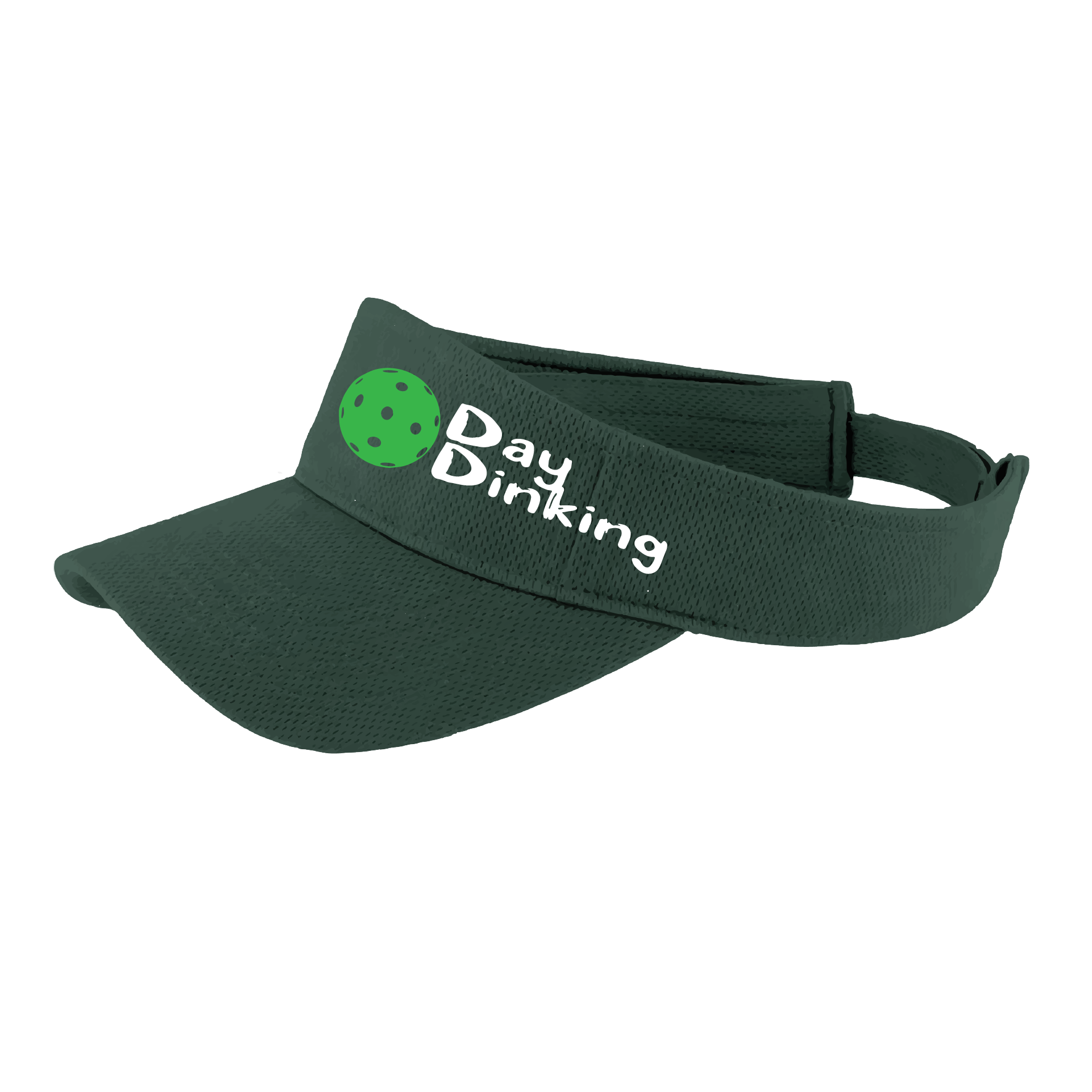 Design: Day Dinking with Customizable Pickleball Color  This fun pickleball visor is the perfect accessory for all pickleball players needing to keep their focus on the game and not the sun. The moisture-wicking material is made of 100% polyester with closed-hole flat back mesh and PosiCharge Technology. The back closure is a hock and loop style made to adjust to every adult