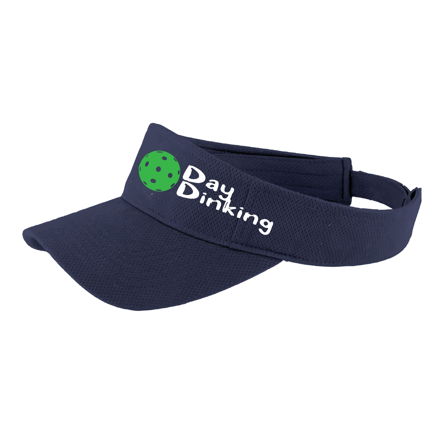 Design: Day Dinking with Customizable Pickleball Color  This fun pickleball visor is the perfect accessory for all pickleball players needing to keep their focus on the game and not the sun. The moisture-wicking material is made of 100% polyester with closed-hole flat back mesh and PosiCharge Technology. The back closure is a hock and loop style made to adjust to every adult