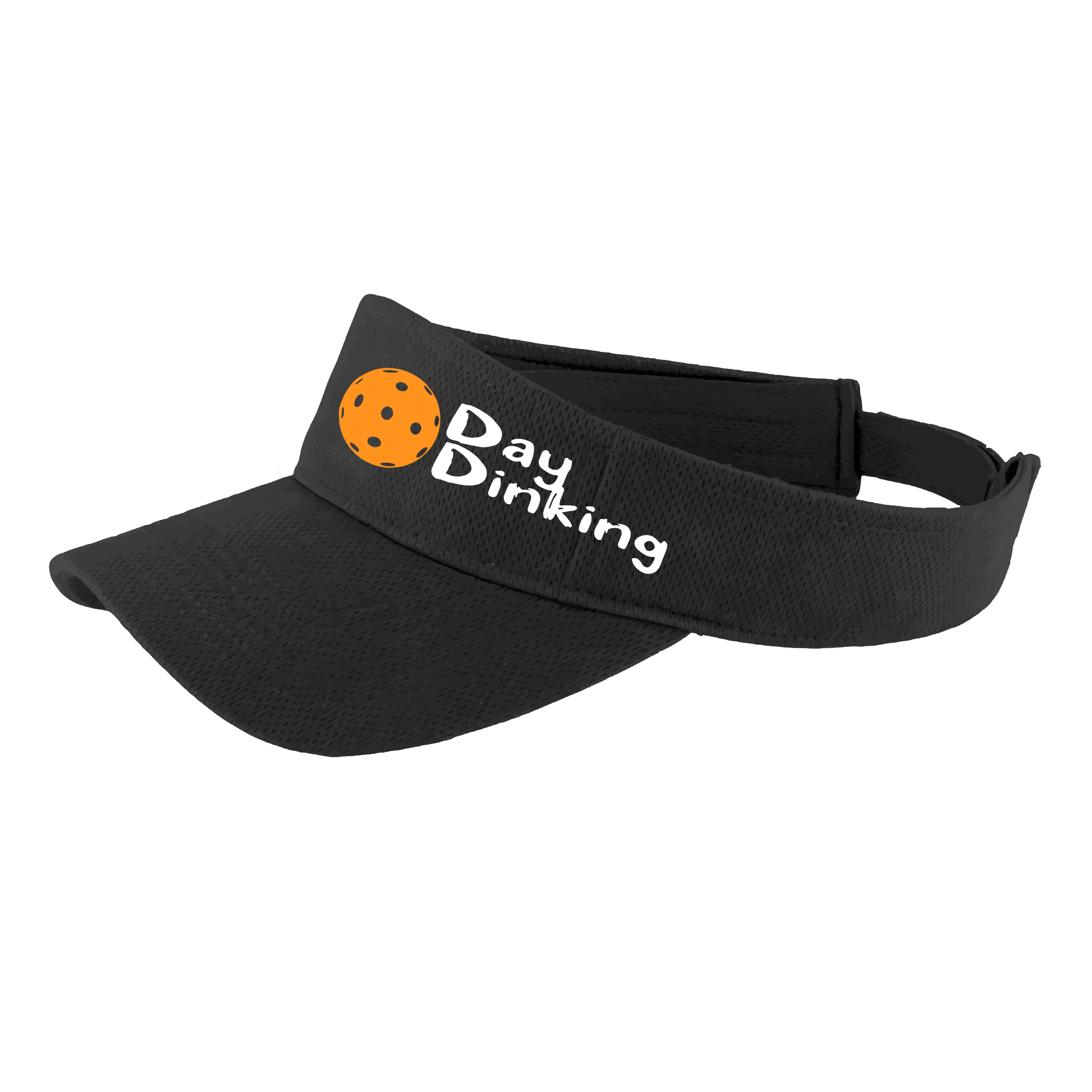 Design: Day Dinking with Customizable Pickleball Color  This fun pickleball visor is the perfect accessory for all pickleball players needing to keep their focus on the game and not the sun. The moisture-wicking material is made of 100% polyester with closed-hole flat back mesh and PosiCharge Technology. The back closure is a hock and loop style made to adjust to every adult