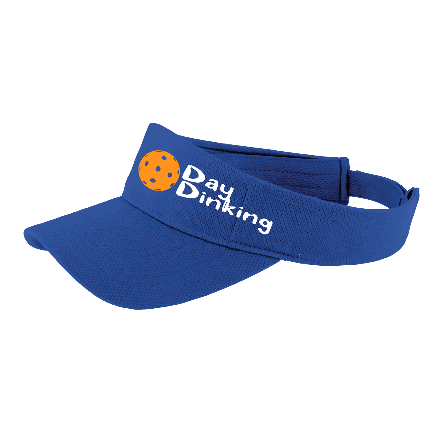 Design: Day Dinking with Customizable Pickleball Color  This fun pickleball visor is the perfect accessory for all pickleball players needing to keep their focus on the game and not the sun. The moisture-wicking material is made of 100% polyester with closed-hole flat back mesh and PosiCharge Technology. The back closure is a hock and loop style made to adjust to every adult