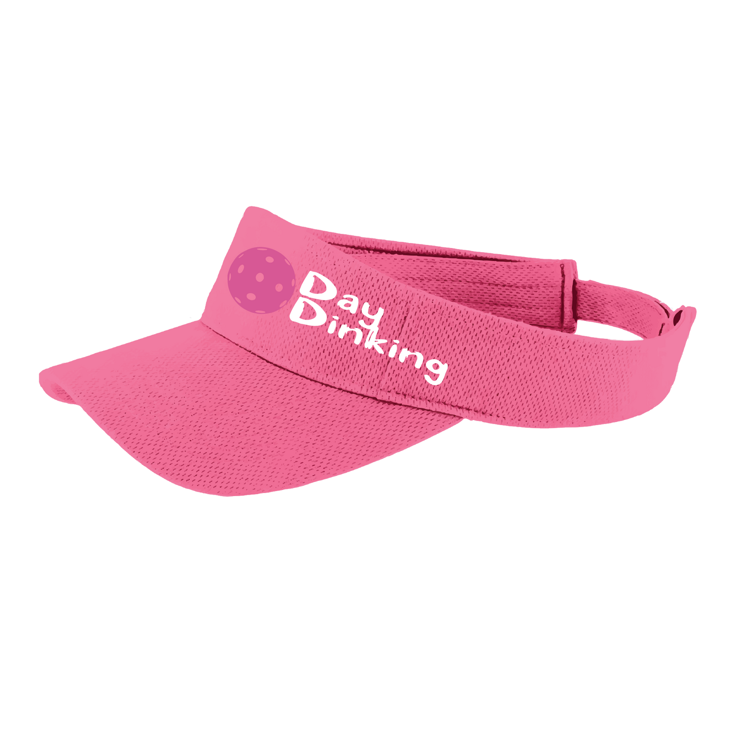 Design: Day Dinking with Customizable Pickleball Color  This fun pickleball visor is the perfect accessory for all pickleball players needing to keep their focus on the game and not the sun. The moisture-wicking material is made of 100% polyester with closed-hole flat back mesh and PosiCharge Technology. The back closure is a hock and loop style made to adjust to every adult