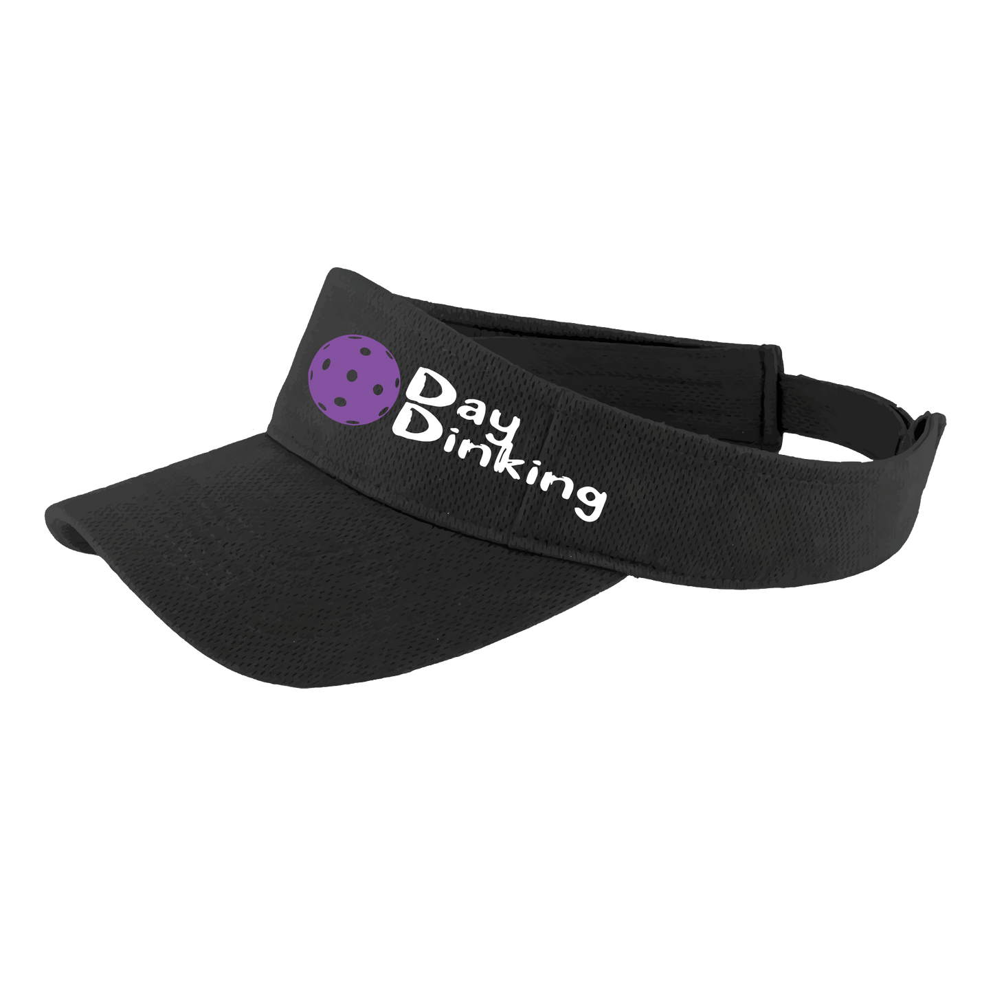 Design: Day Dinking with Customizable Pickleball Color  This fun pickleball visor is the perfect accessory for all pickleball players needing to keep their focus on the game and not the sun. The moisture-wicking material is made of 100% polyester with closed-hole flat back mesh and PosiCharge Technology. The back closure is a hock and loop style made to adjust to every adult