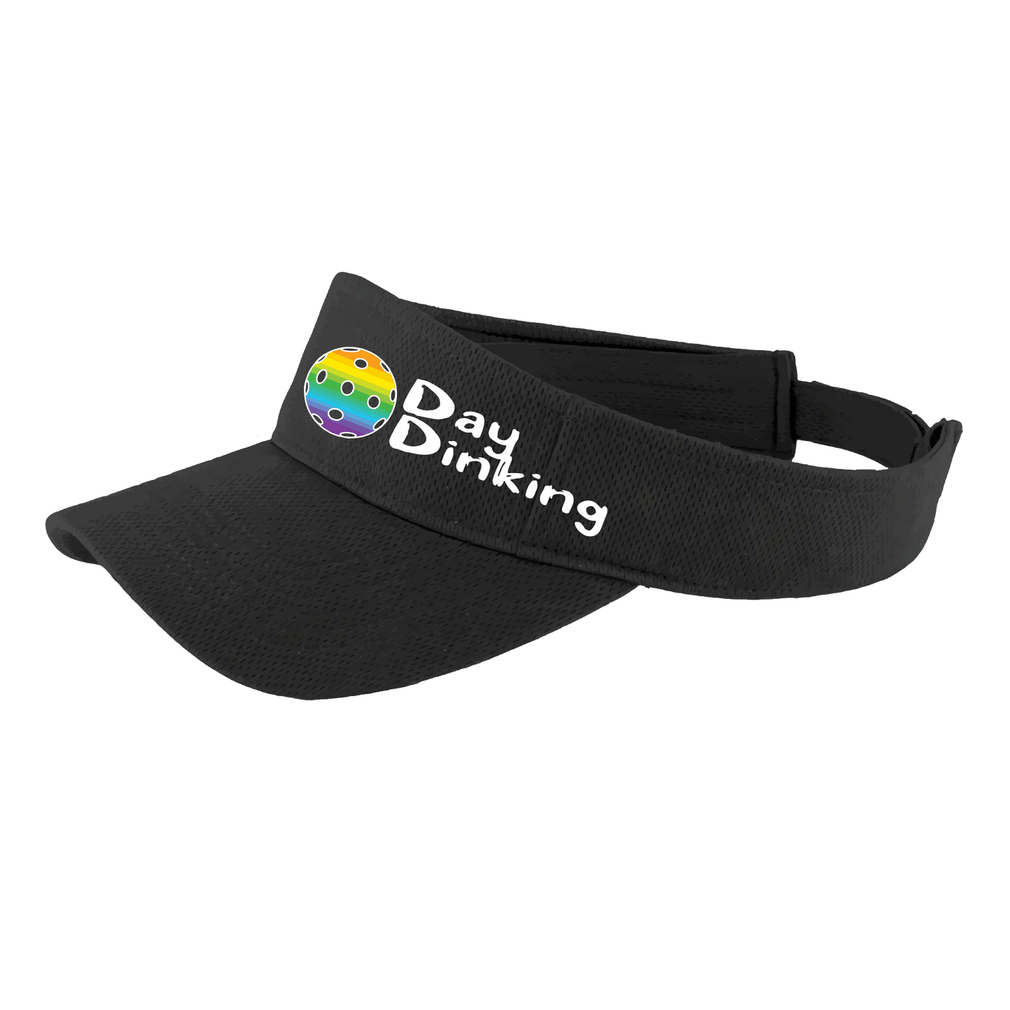 Design: Day Dinking with Customizable Pickleball Color  This fun pickleball visor is the perfect accessory for all pickleball players needing to keep their focus on the game and not the sun. The moisture-wicking material is made of 100% polyester with closed-hole flat back mesh and PosiCharge Technology. The back closure is a hock and loop style made to adjust to every adult