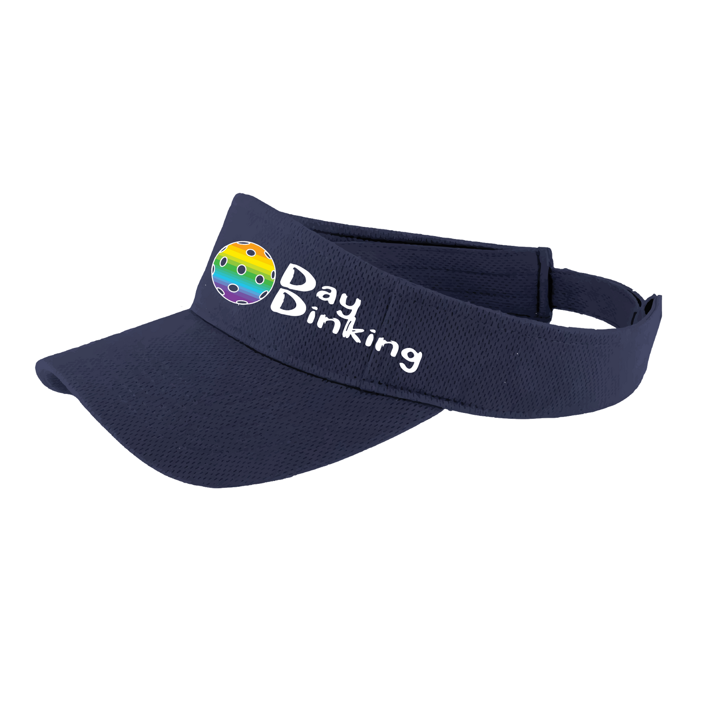 Design: Day Dinking with Customizable Pickleball Color  This fun pickleball visor is the perfect accessory for all pickleball players needing to keep their focus on the game and not the sun. The moisture-wicking material is made of 100% polyester with closed-hole flat back mesh and PosiCharge Technology. The back closure is a hock and loop style made to adjust to every adult