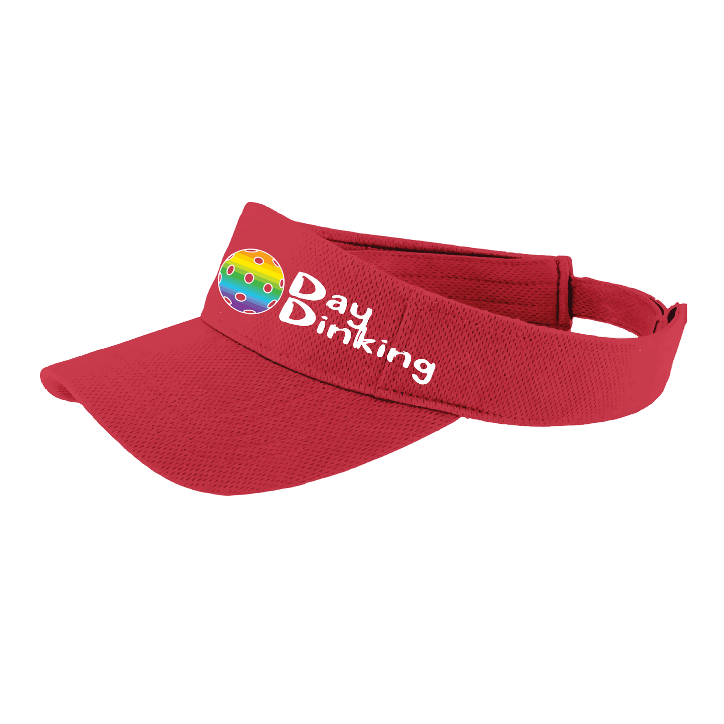 Design: Day Dinking with Customizable Pickleball Color  This fun pickleball visor is the perfect accessory for all pickleball players needing to keep their focus on the game and not the sun. The moisture-wicking material is made of 100% polyester with closed-hole flat back mesh and PosiCharge Technology. The back closure is a hock and loop style made to adjust to every adult