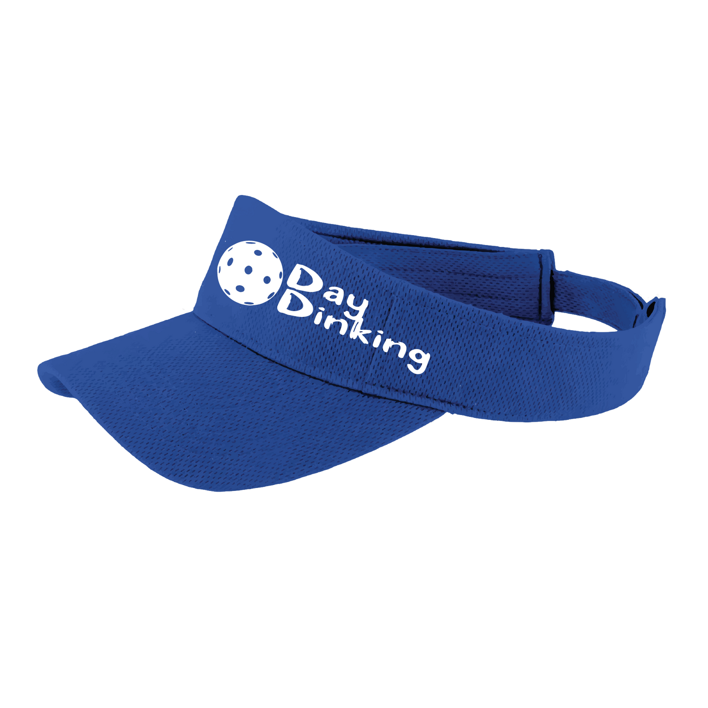 Design: Day Dinking with Customizable Pickleball Color  This fun pickleball visor is the perfect accessory for all pickleball players needing to keep their focus on the game and not the sun. The moisture-wicking material is made of 100% polyester with closed-hole flat back mesh and PosiCharge Technology. The back closure is a hock and loop style made to adjust to every adult