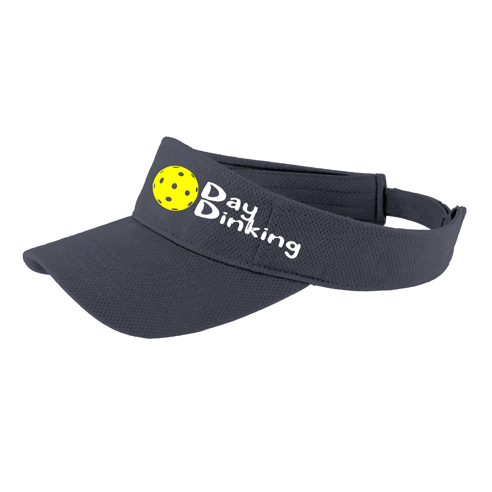 Design: Day Dinking with Customizable Pickleball Color  This fun pickleball visor is the perfect accessory for all pickleball players needing to keep their focus on the game and not the sun. The moisture-wicking material is made of 100% polyester with closed-hole flat back mesh and PosiCharge Technology. The back closure is a hock and loop style made to adjust to every adult