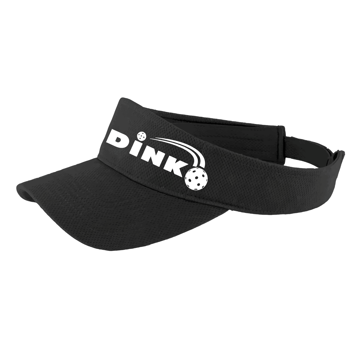 Visor Pickleball Design: Dink  This fun pickleball visor is the perfect accessory for all pickleball players needing to keep their focus on the game and not the sun. The moisture-wicking material is made of 100% polyester with closed-hole flat back mesh and PosiCharge Technology. The back closure is a hook and loop style made to adjust to every adult.