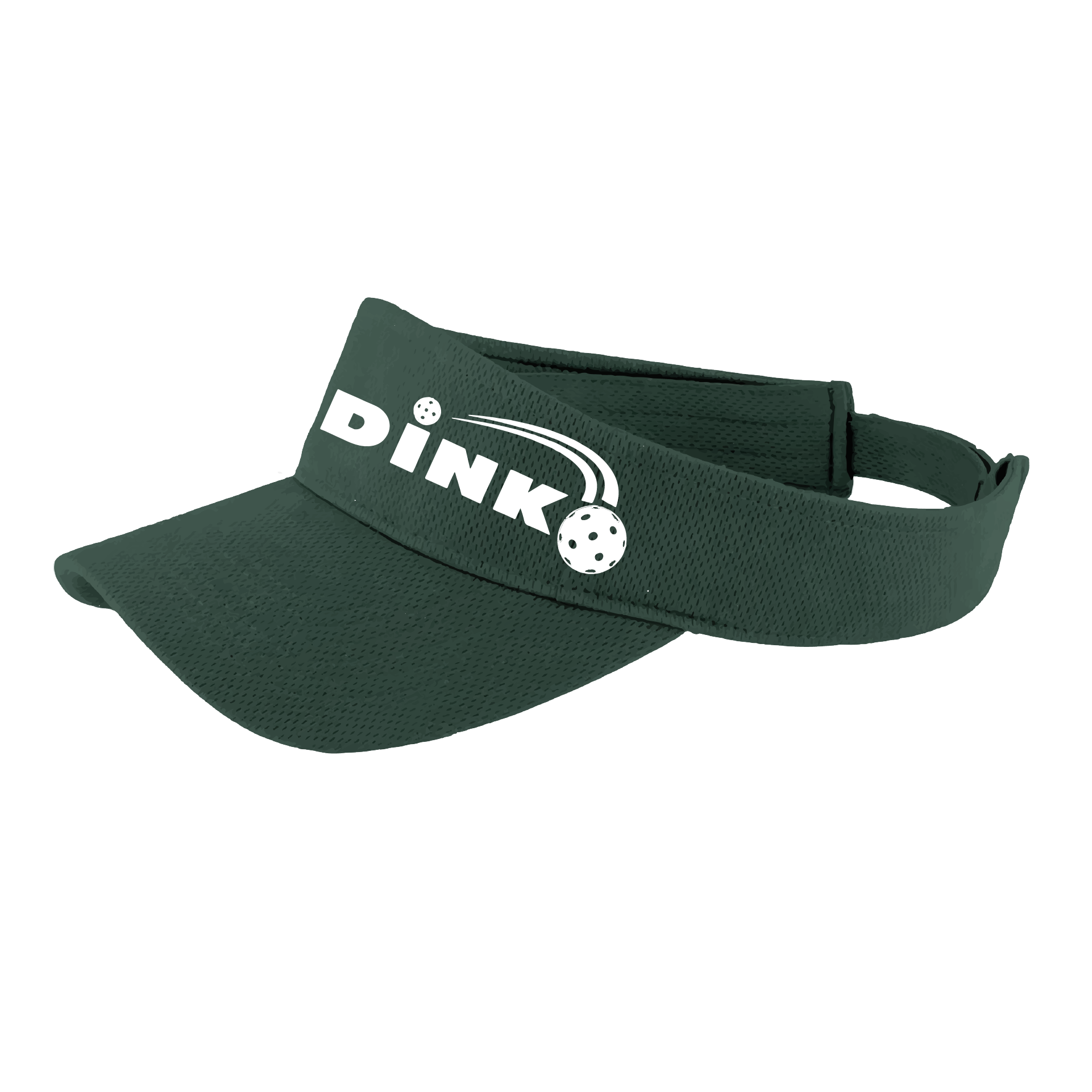 Visor Pickleball Design: Dink  This fun pickleball visor is the perfect accessory for all pickleball players needing to keep their focus on the game and not the sun. The moisture-wicking material is made of 100% polyester with closed-hole flat back mesh and PosiCharge Technology. The back closure is a hook and loop style made to adjust to every adult.