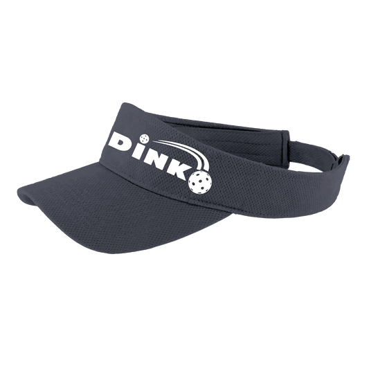 Visor Pickleball Design: Dink  This fun pickleball visor is the perfect accessory for all pickleball players needing to keep their focus on the game and not the sun. The moisture-wicking material is made of 100% polyester with closed-hole flat back mesh and PosiCharge Technology. The back closure is a hook and loop style made to adjust to every adult.