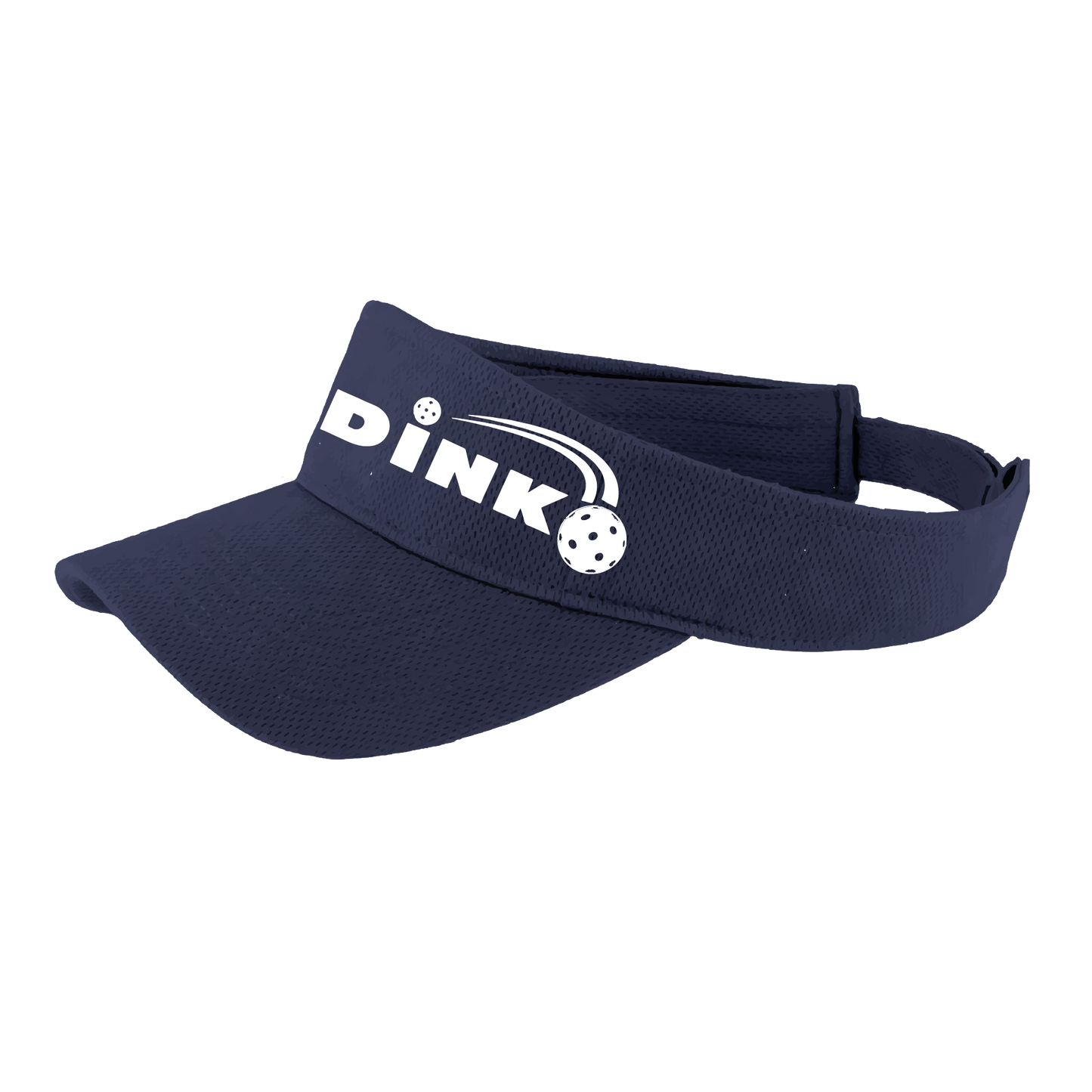 Visor Pickleball Design: Dink  This fun pickleball visor is the perfect accessory for all pickleball players needing to keep their focus on the game and not the sun. The moisture-wicking material is made of 100% polyester with closed-hole flat back mesh and PosiCharge Technology. The back closure is a hook and loop style made to adjust to every adult.