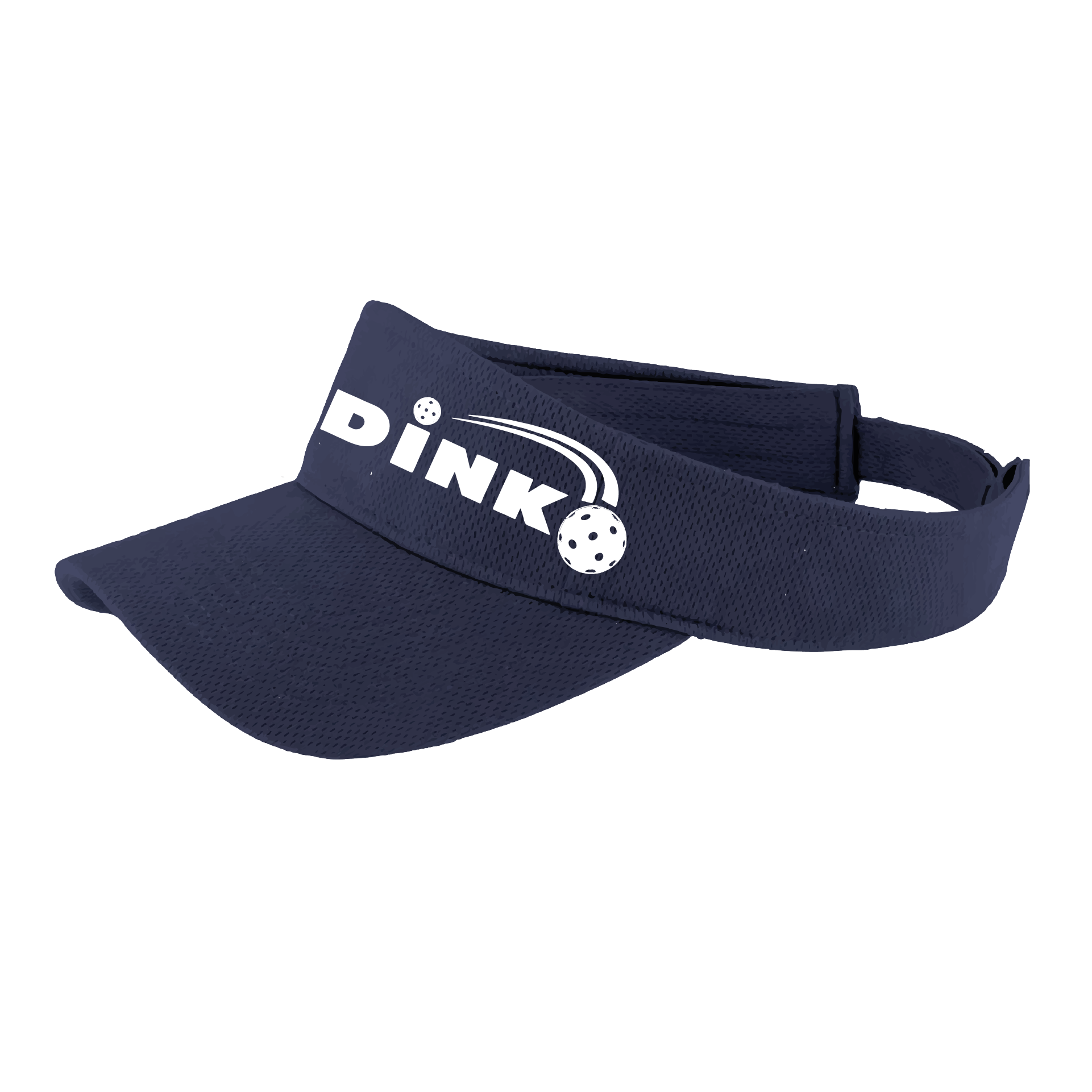 Visor Pickleball Design: Dink  This fun pickleball visor is the perfect accessory for all pickleball players needing to keep their focus on the game and not the sun. The moisture-wicking material is made of 100% polyester with closed-hole flat back mesh and PosiCharge Technology. The back closure is a hook and loop style made to adjust to every adult.