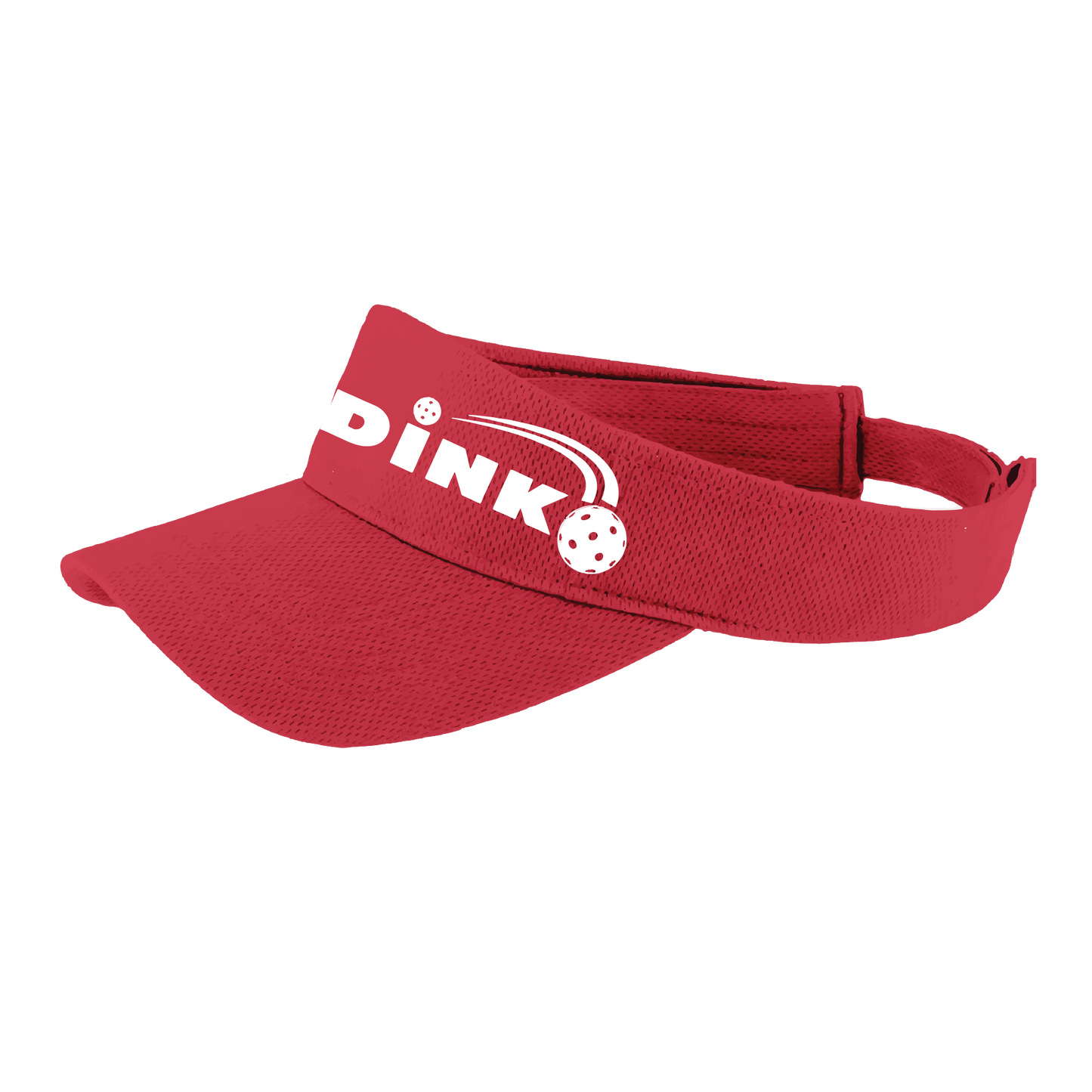 Visor Pickleball Design: Dink  This fun pickleball visor is the perfect accessory for all pickleball players needing to keep their focus on the game and not the sun. The moisture-wicking material is made of 100% polyester with closed-hole flat back mesh and PosiCharge Technology. The back closure is a hook and loop style made to adjust to every adult.