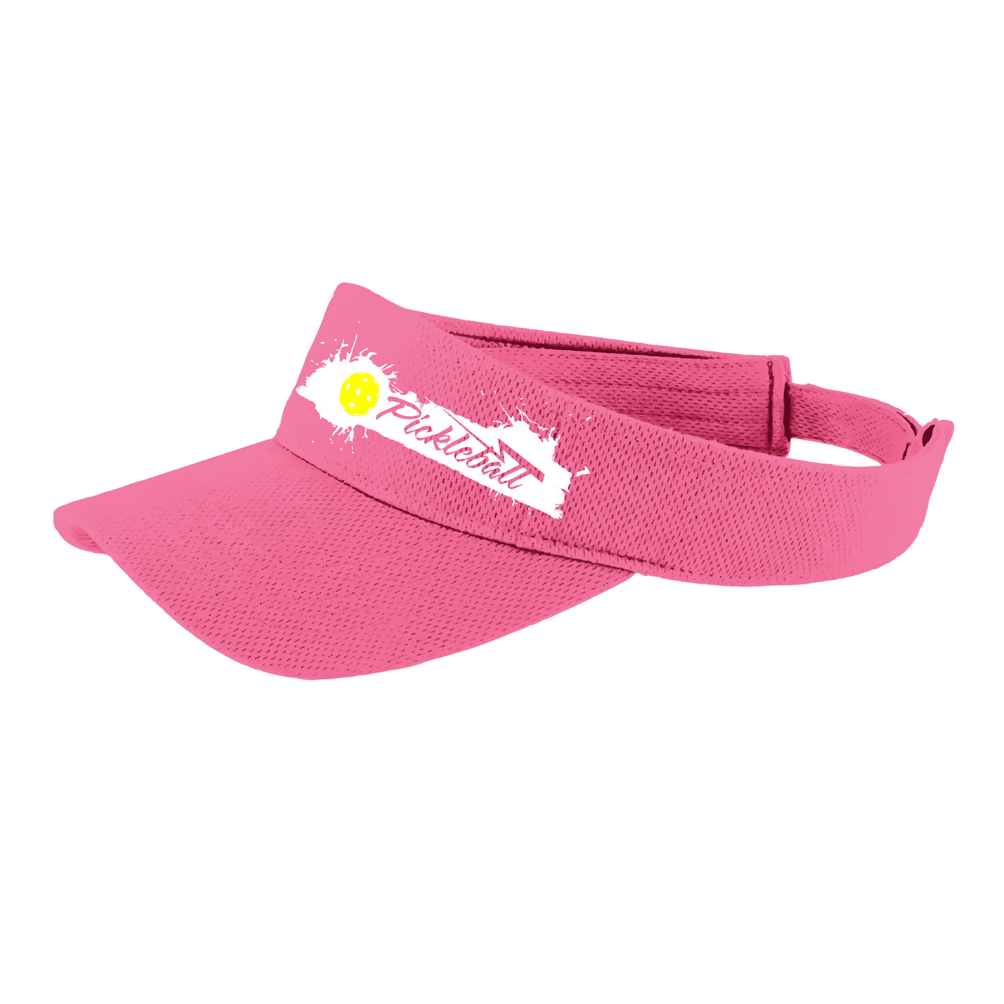 Pickleball Design: Extreme Pickleball  This fun pickleball visor is the perfect accessory for all pickleball players needing to keep their focus on the game and not the sun. The moisture-wicking material is made of 100% polyester with closed-hole flat back mesh and PosiCharge Technology. The back closure is a hook and loop style made to adjust to every adult.
