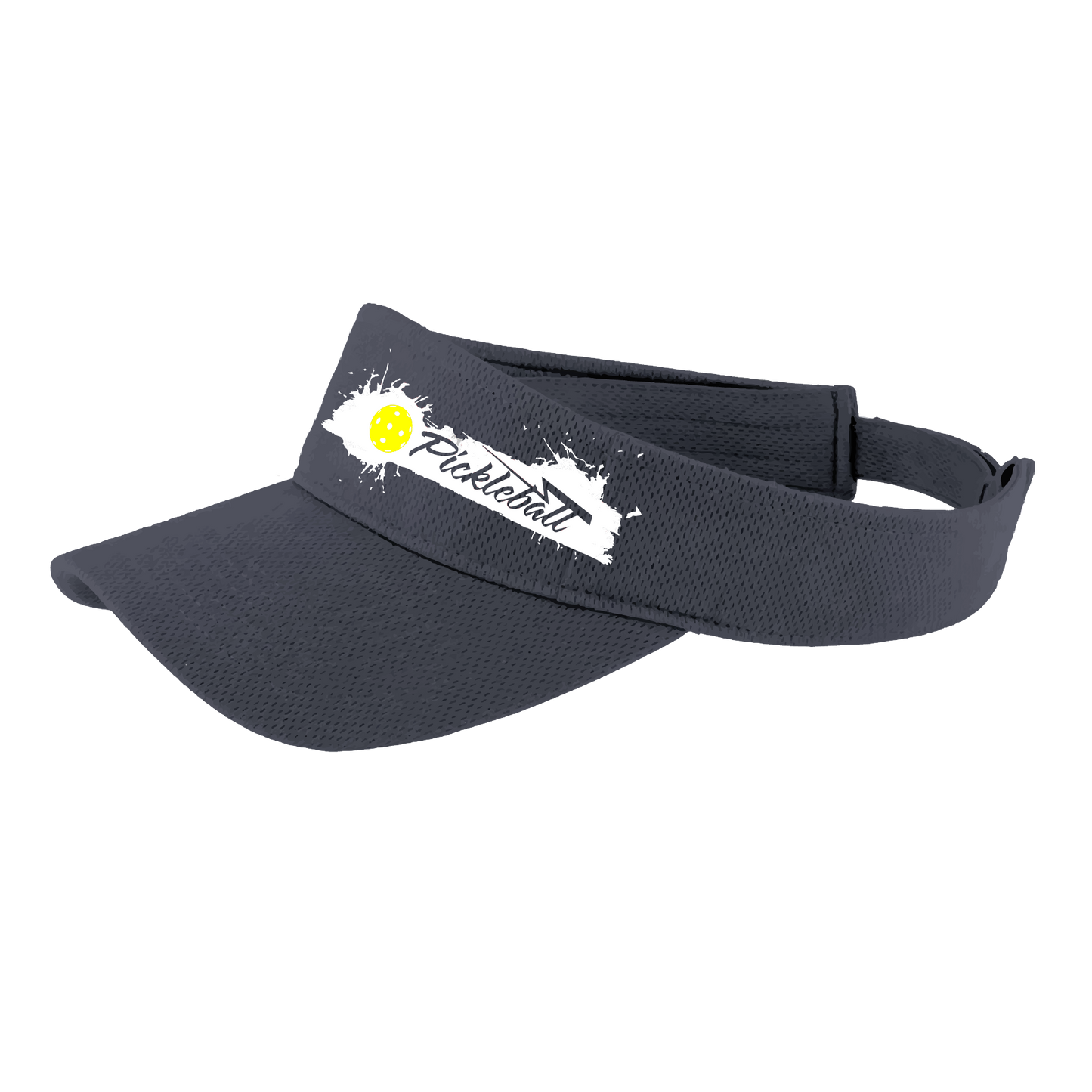 Pickleball Design: Extreme Pickleball  This fun pickleball visor is the perfect accessory for all pickleball players needing to keep their focus on the game and not the sun. The moisture-wicking material is made of 100% polyester with closed-hole flat back mesh and PosiCharge Technology. The back closure is a hook and loop style made to adjust to every adult.