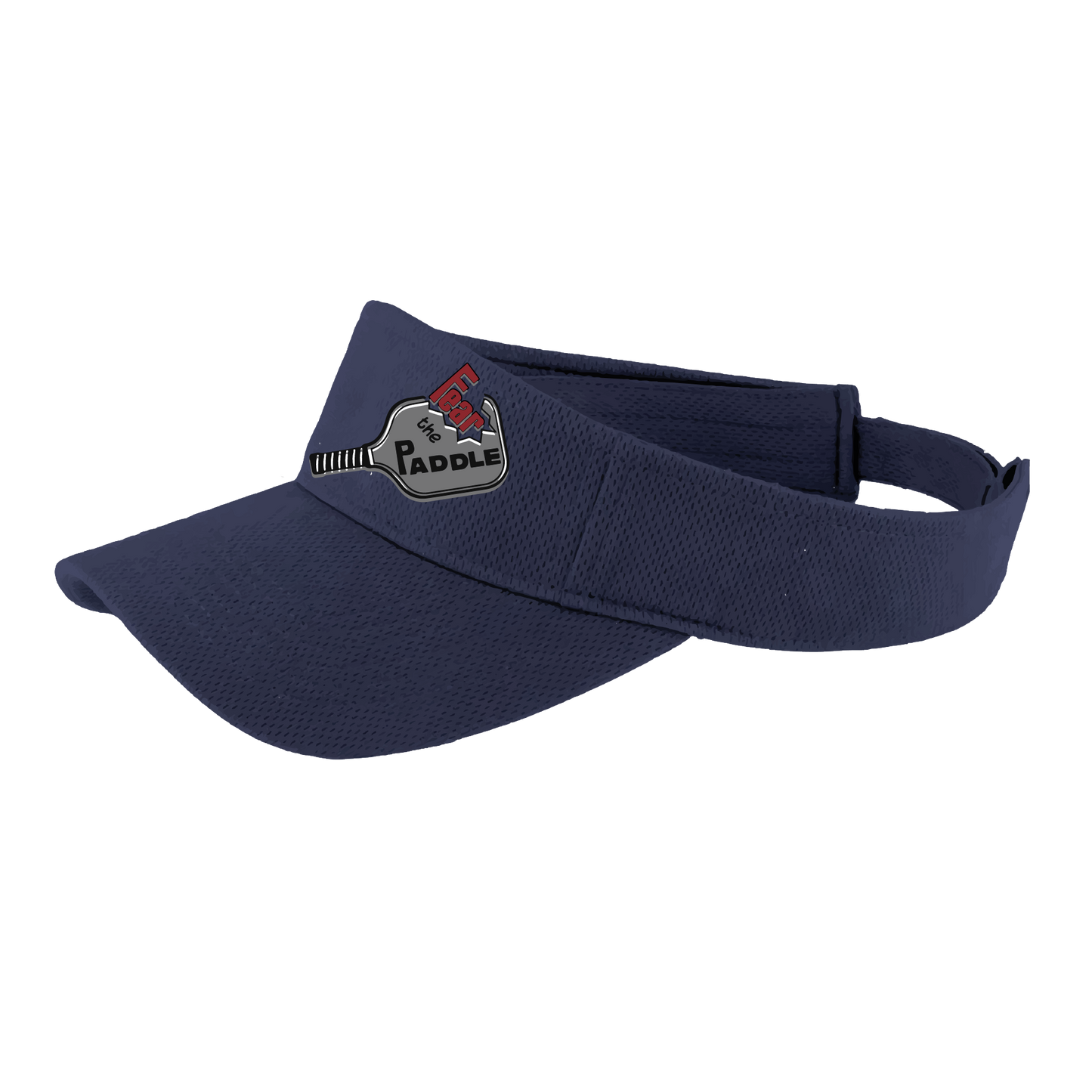 Pickleball Design: Fear the Paddle  This fun pickleball visor is the perfect accessory for all pickleball players needing to keep their focus on the game and not the sun. The moisture-wicking material is made of 100% polyester with closed-hole flat back mesh and PosiCharge Technology. The back closure is a hook and loop style made to adjust to every adult.