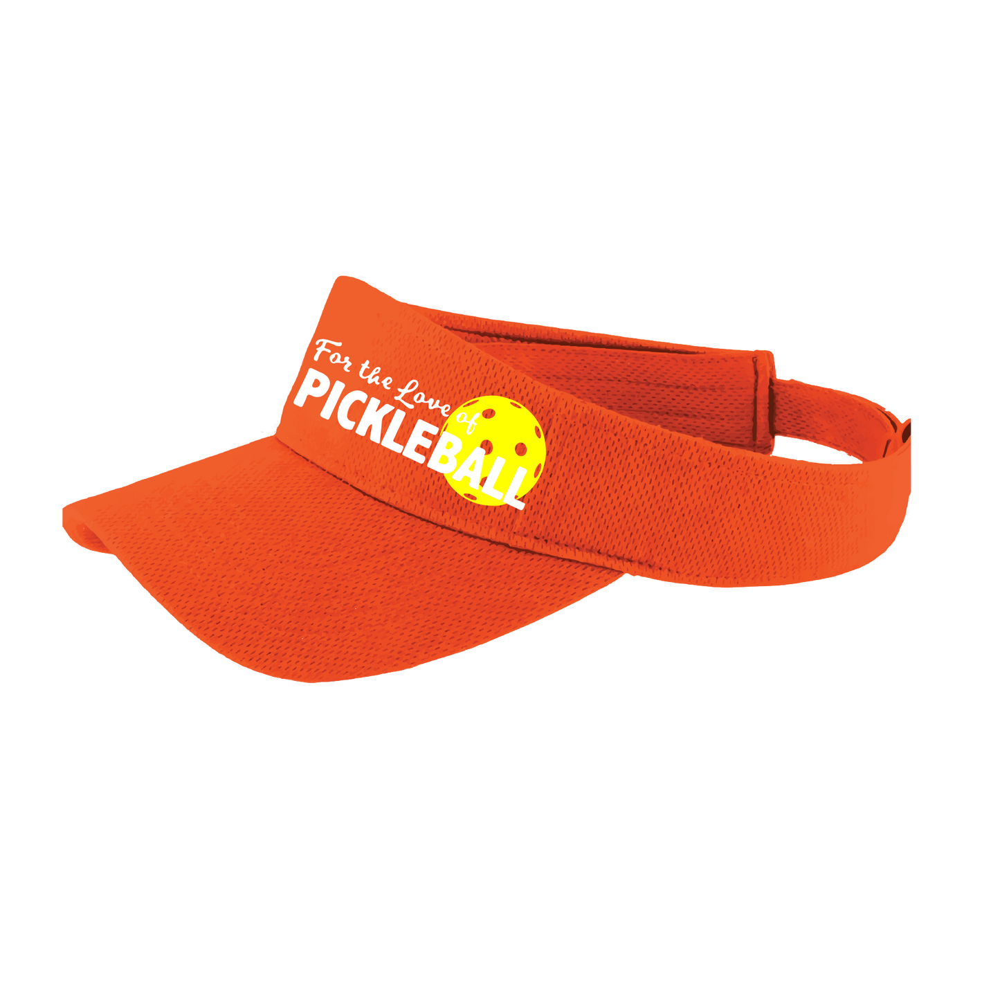 Pickleball Visor Design: For the Love of Pickleball  This fun pickleball visor is the perfect accessory for all pickleball players needing to keep their focus on the game and not the sun. The moisture-wicking material is made of 100% polyester with closed-hole flat back mesh and PosiCharge Technology. The back closure is a hock and loop style made to adjust to every adult.