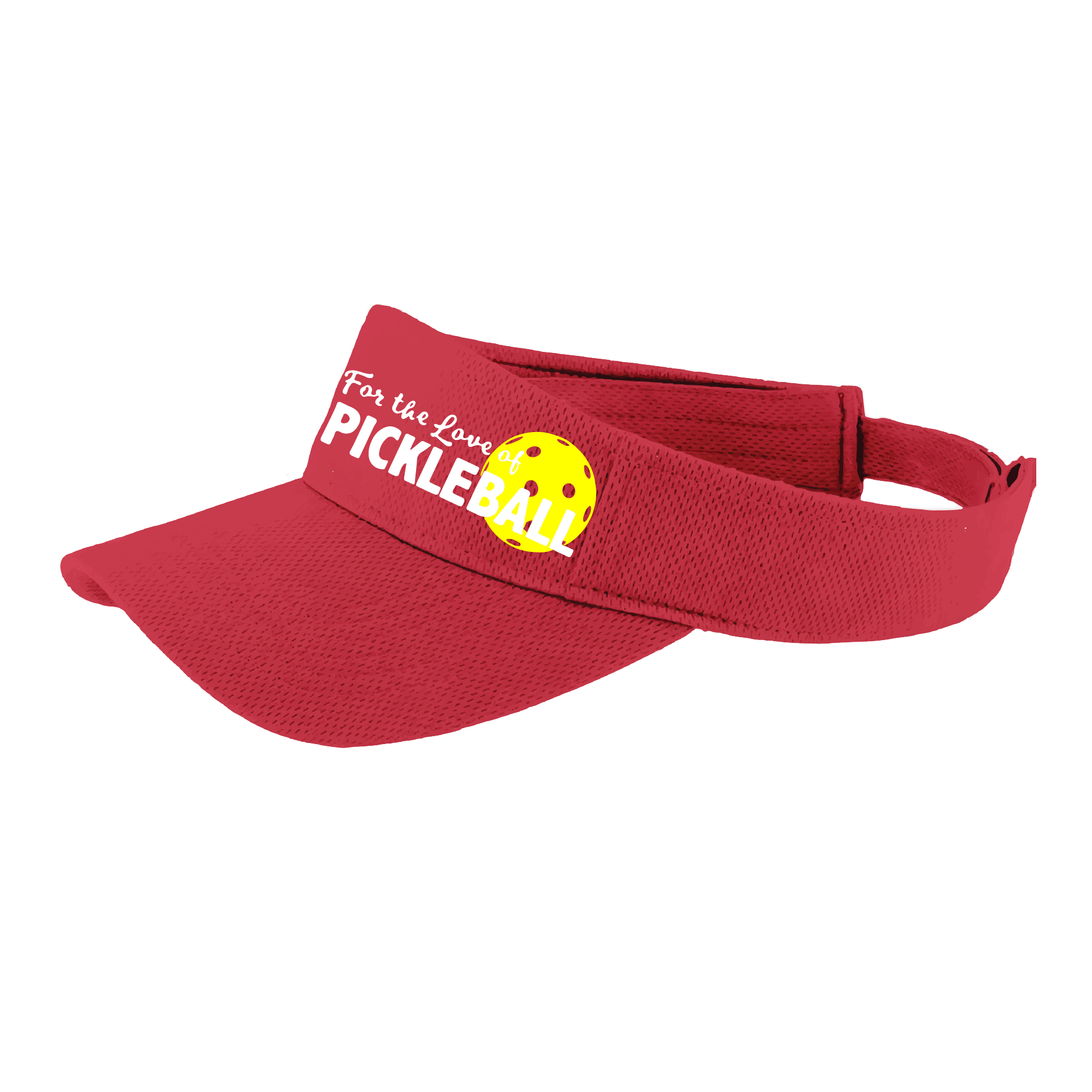 Pickleball Visor Design: For the Love of Pickleball  This fun pickleball visor is the perfect accessory for all pickleball players needing to keep their focus on the game and not the sun. The moisture-wicking material is made of 100% polyester with closed-hole flat back mesh and PosiCharge Technology. The back closure is a hock and loop style made to adjust to every adult.
