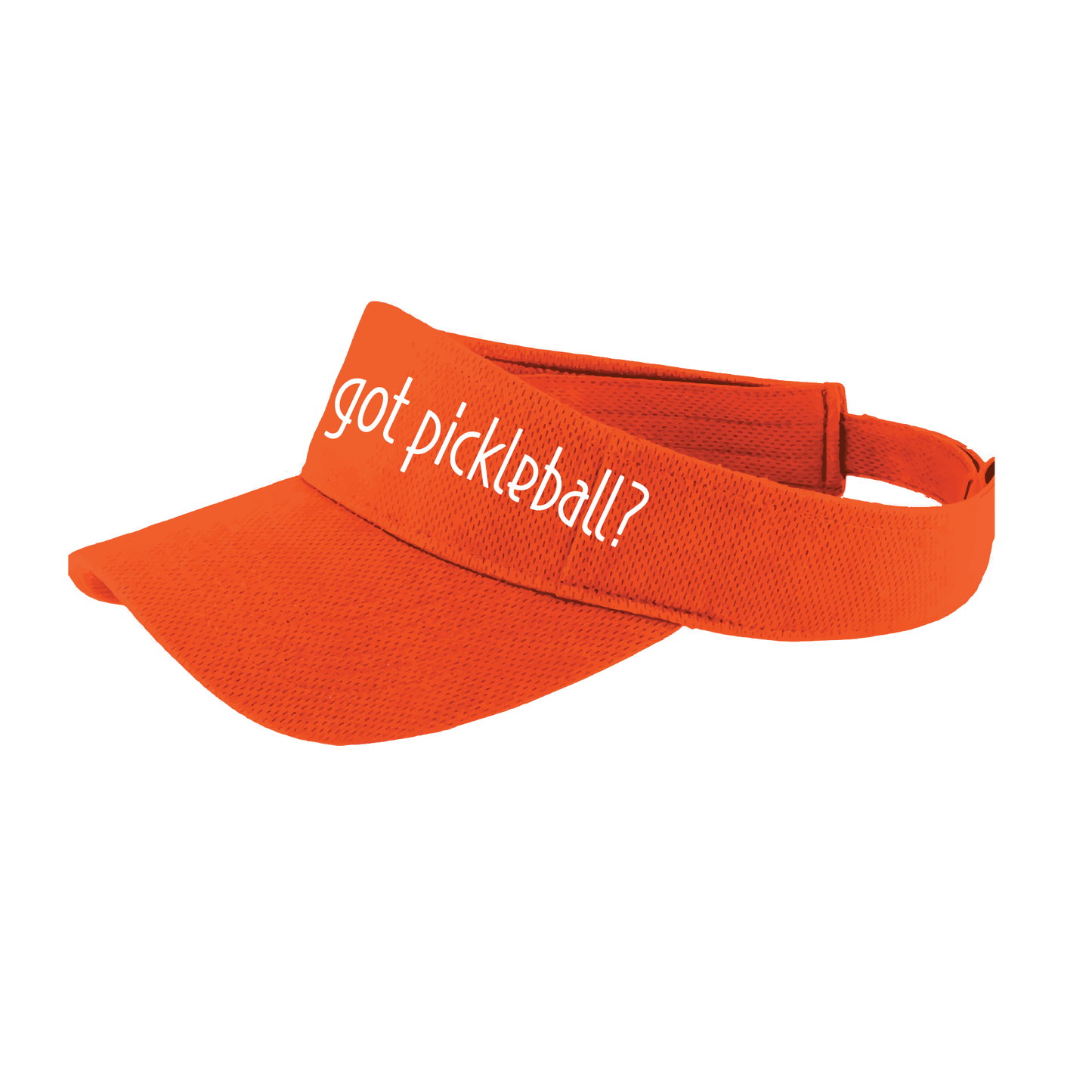 Visor Design: Got Pickleball?  This fun pickleball visor is the perfect accessory for all pickleball players needing to keep their focus on the game and not the sun. The moisture-wicking material is made of 100% polyester with closed-hole flat back mesh and PosiCharge Technology. The back closure is a hock and loop style made to adjust to every adult.