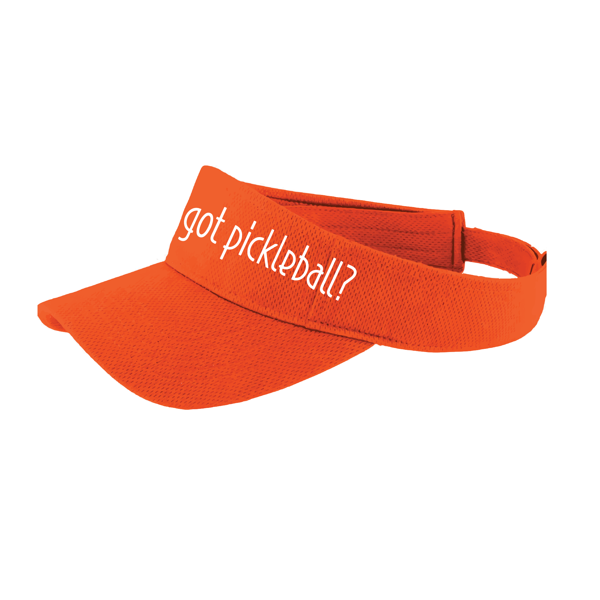 Visor Design: Got Pickleball?  This fun pickleball visor is the perfect accessory for all pickleball players needing to keep their focus on the game and not the sun. The moisture-wicking material is made of 100% polyester with closed-hole flat back mesh and PosiCharge Technology. The back closure is a hock and loop style made to adjust to every adult.