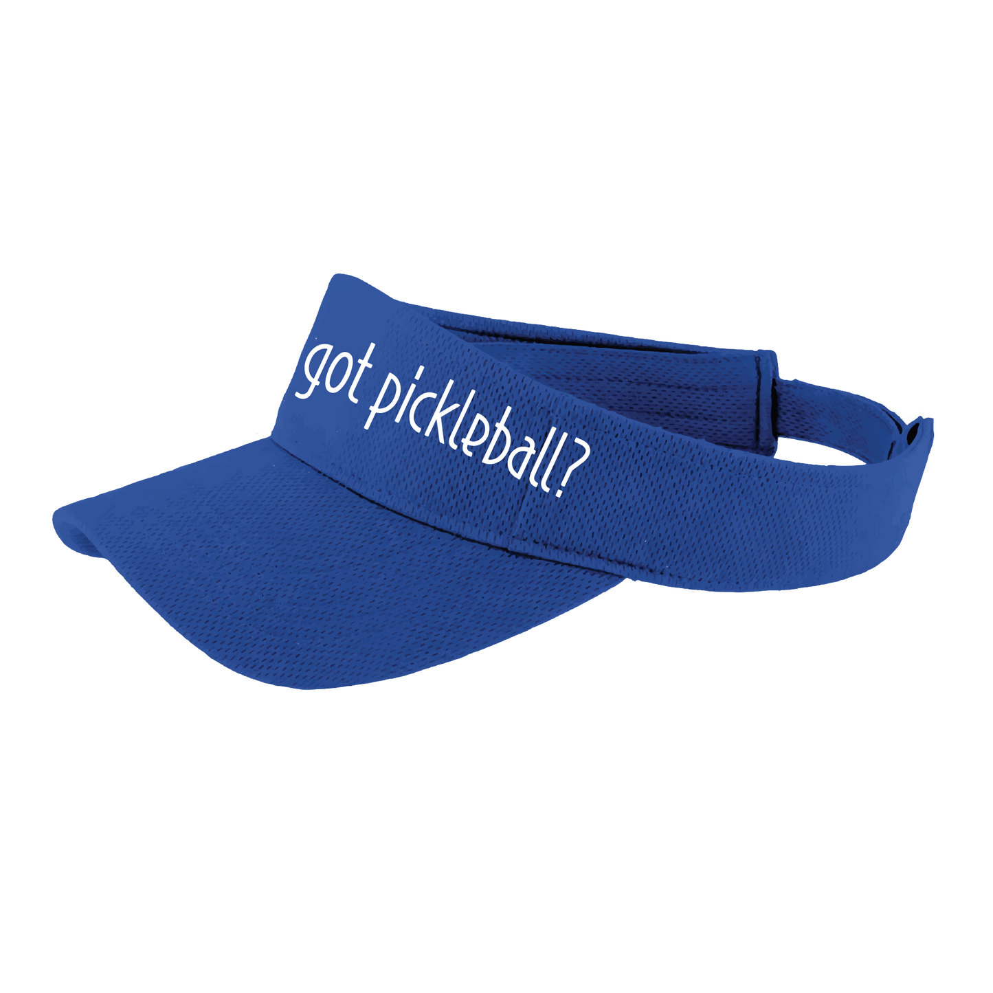 Visor Design: Got Pickleball?  This fun pickleball visor is the perfect accessory for all pickleball players needing to keep their focus on the game and not the sun. The moisture-wicking material is made of 100% polyester with closed-hole flat back mesh and PosiCharge Technology. The back closure is a hock and loop style made to adjust to every adult.